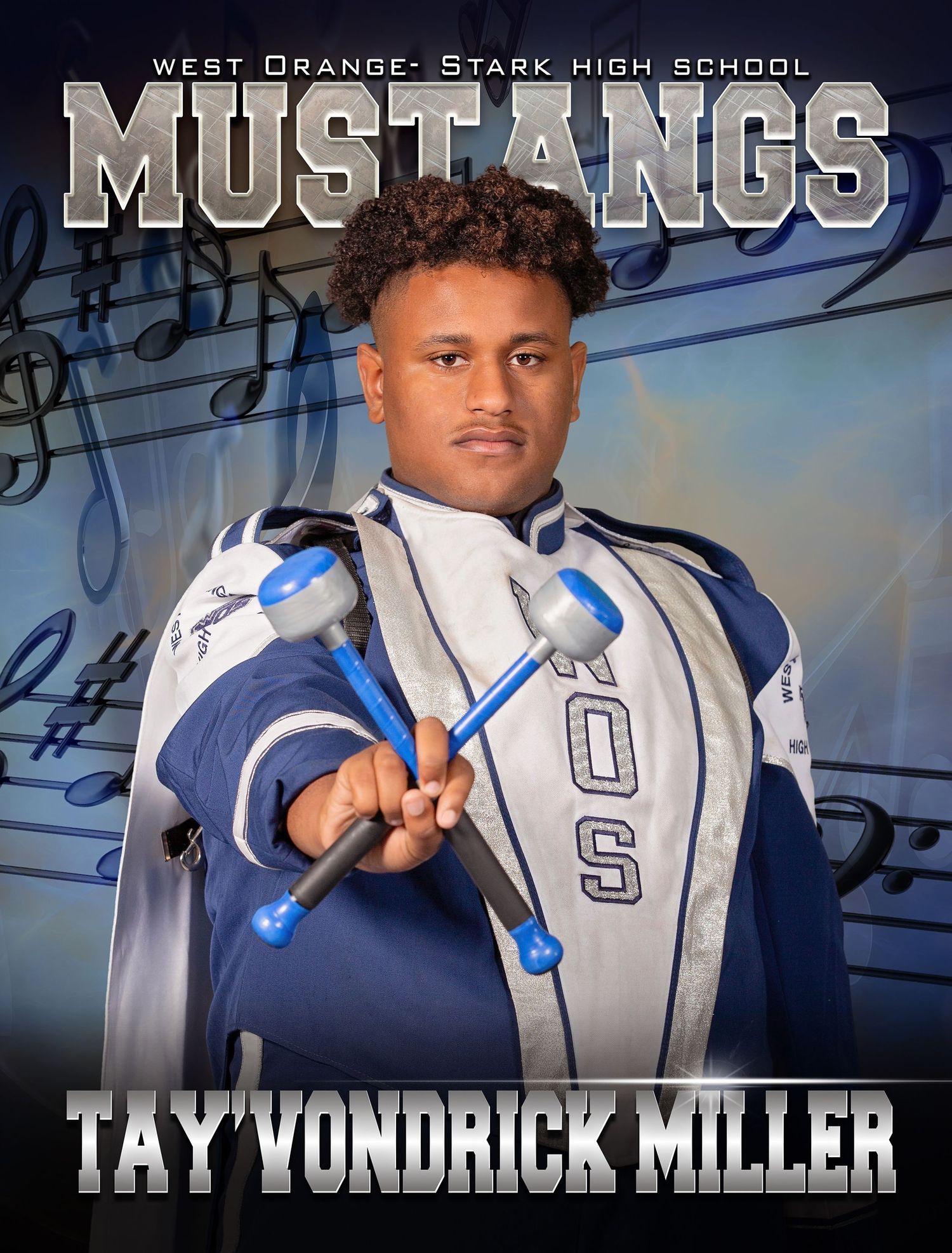 Student athlete in navy and white Mustangs uniform poses with sports equipment against blue background.