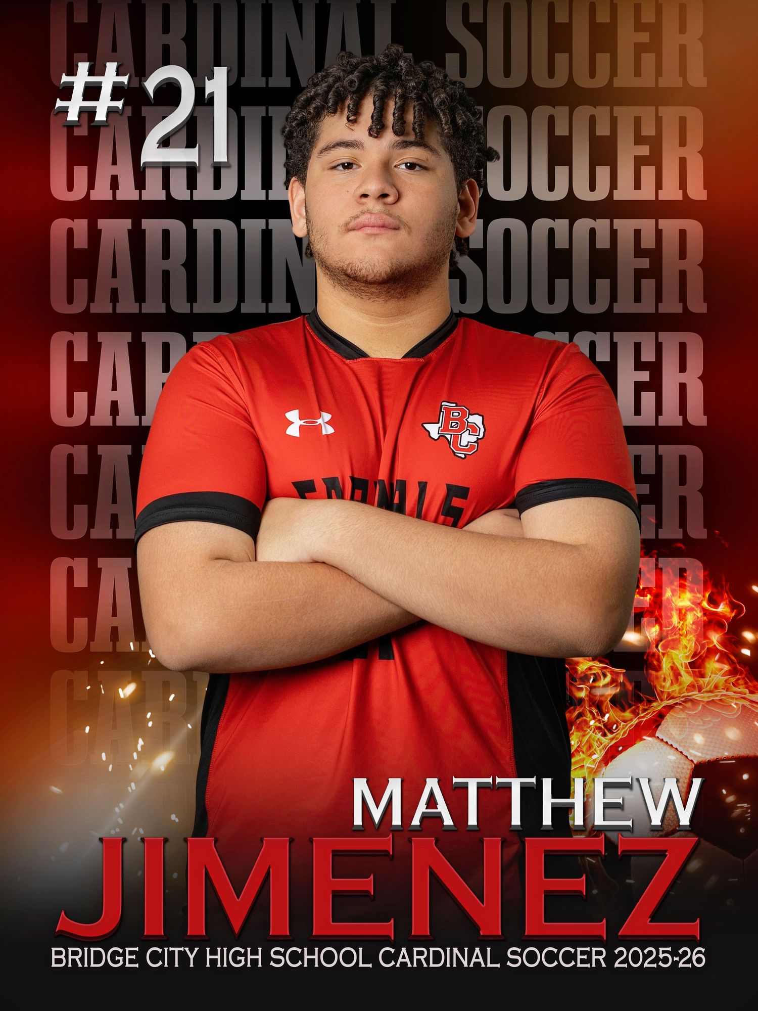 High school athlete wearing red Cardinal soccer uniform poses against dark background with dramatic lighting effects.