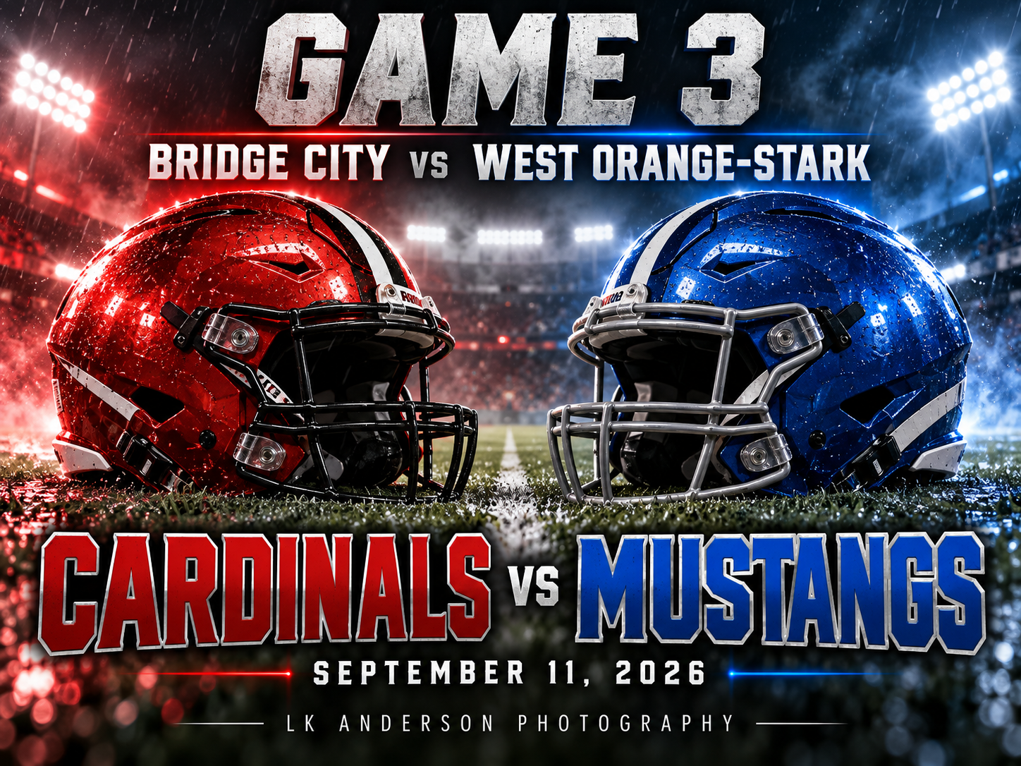Game 3 football matchup graphic featuring Cardinals vs Mustangs, Bridge City vs West Orange-Stark, September 11, 2026.