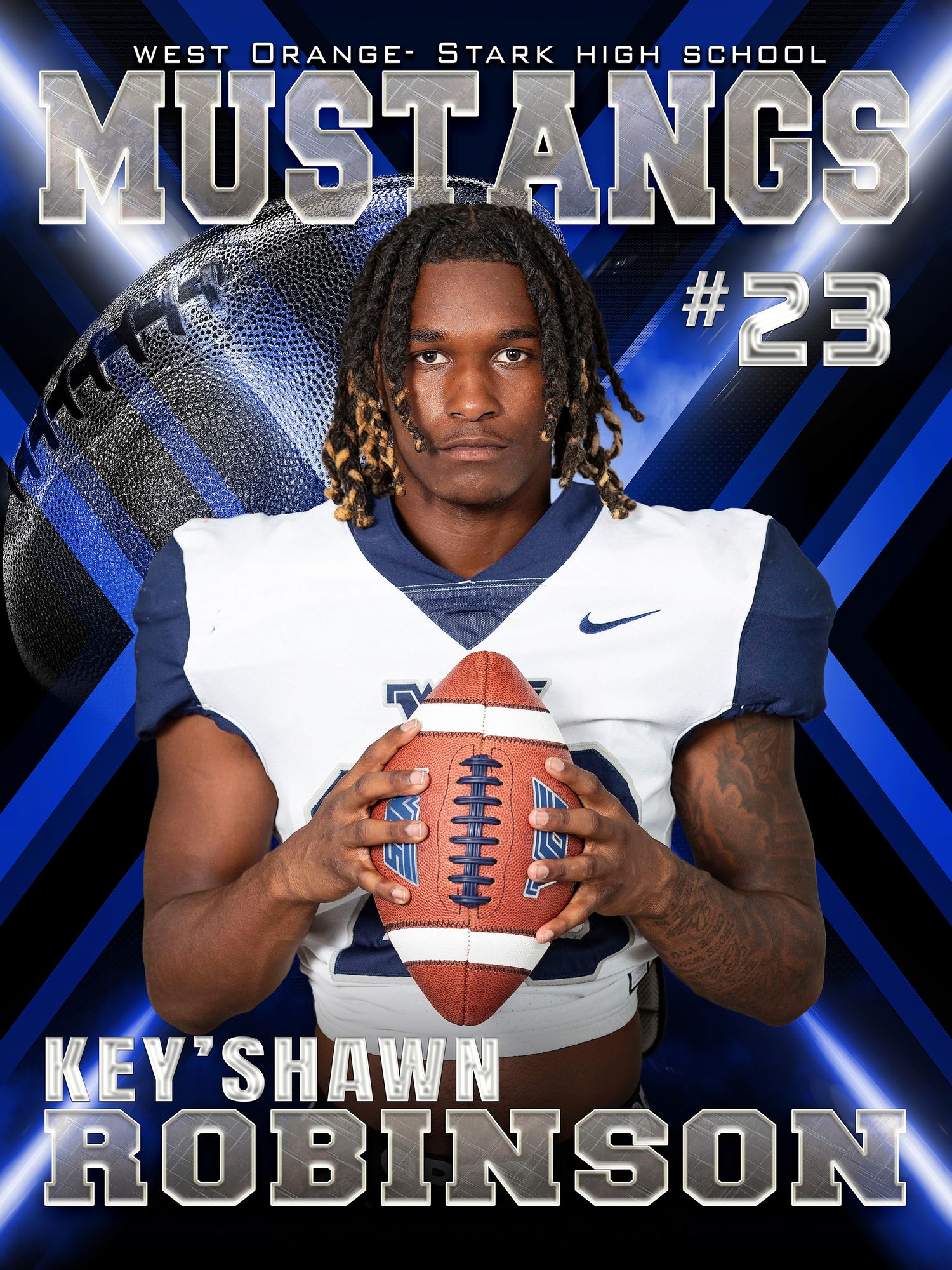 Football player sports banner for West Orange Stark Mustangs team in blue and white uniform.