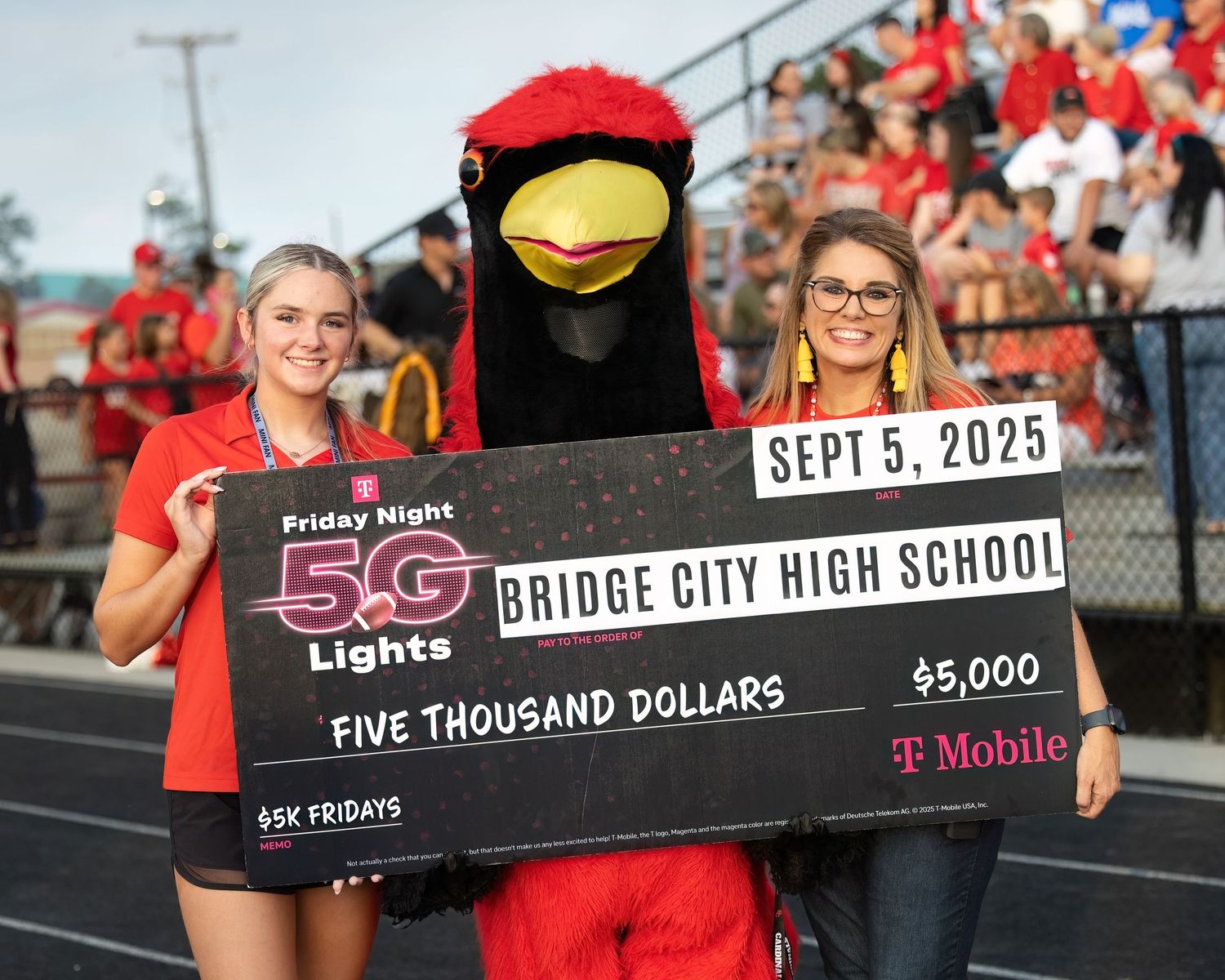 Five Thousand dollars earned from T Mobile's FNL 5G award awareded to Bridge City High School.