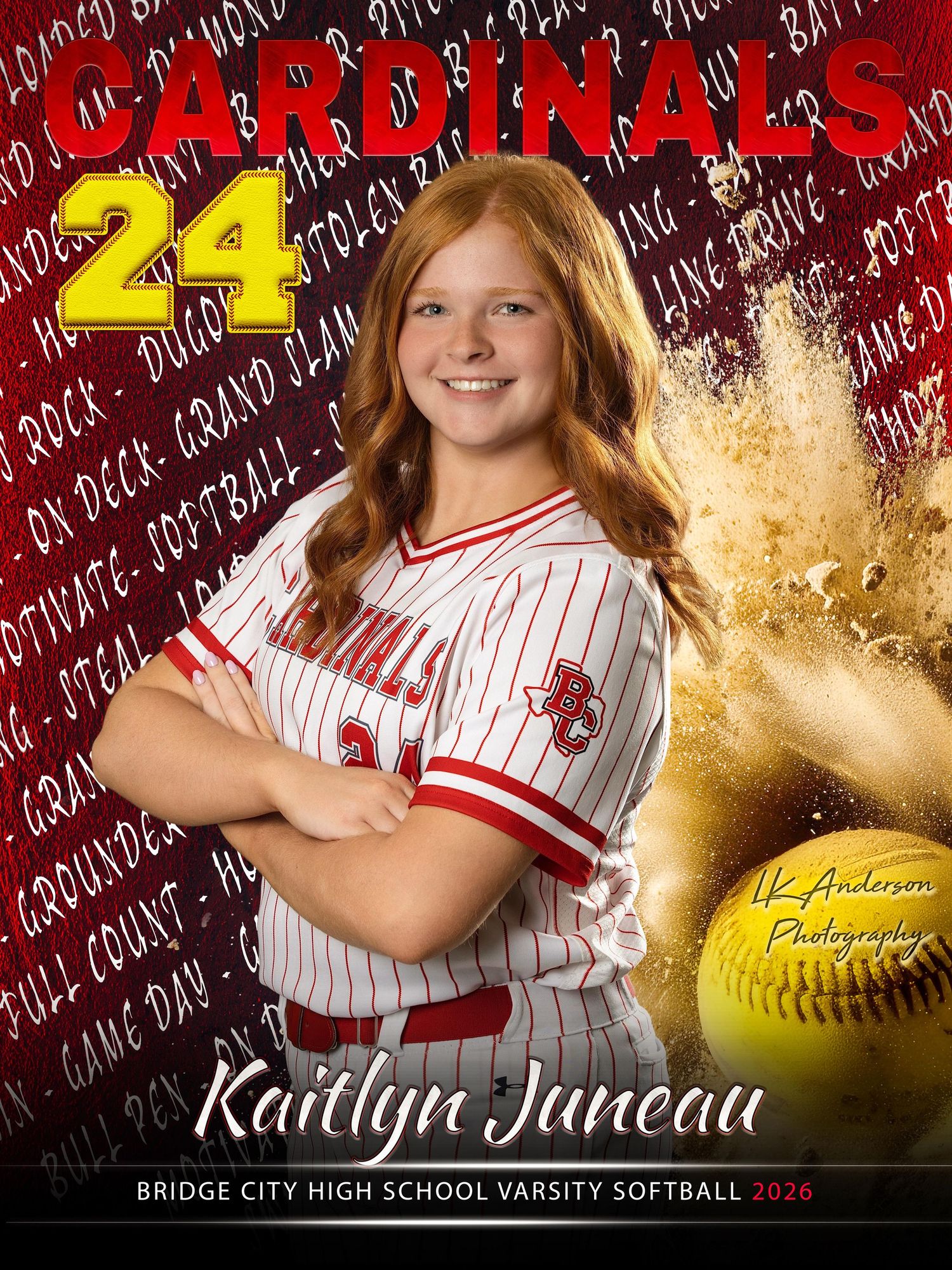 High school softball player sports banner featuring red and gold design elements with jersey number 24.