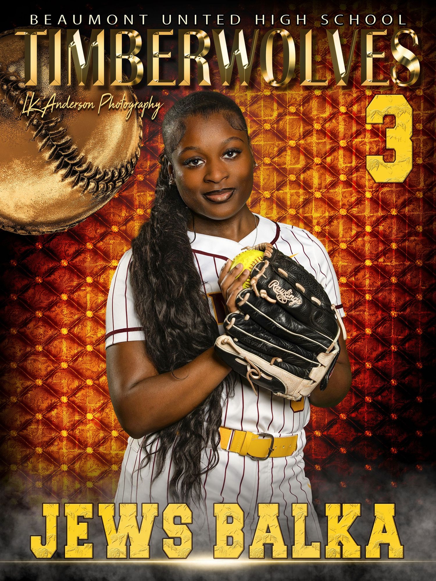 High school softball player poses in pinstripe uniform with glove against orange geometric background and Timberwolves team logo.