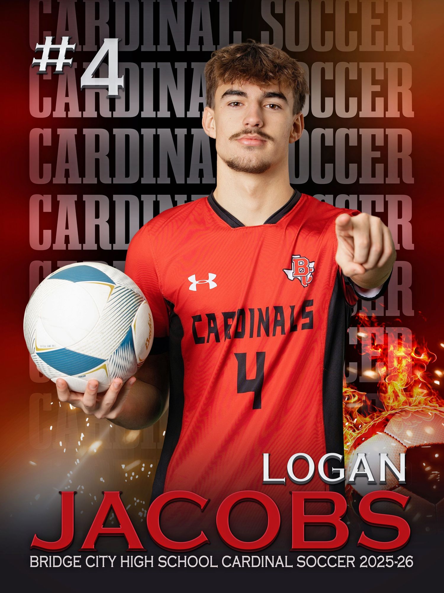 High school soccer player in red Cardinal uniform number 4 poses with soccer ball against team branding background.