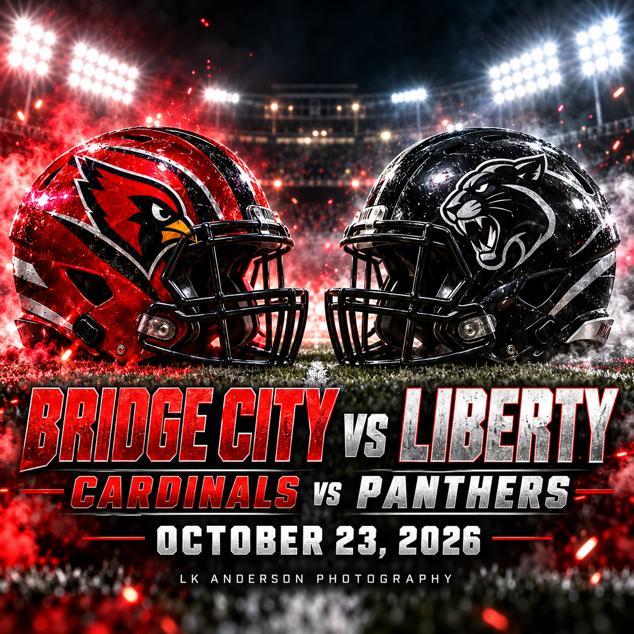 Bridge City Cardinals vs Liberty Panthers football game poster with two helmets facing off on October 23, 2026.