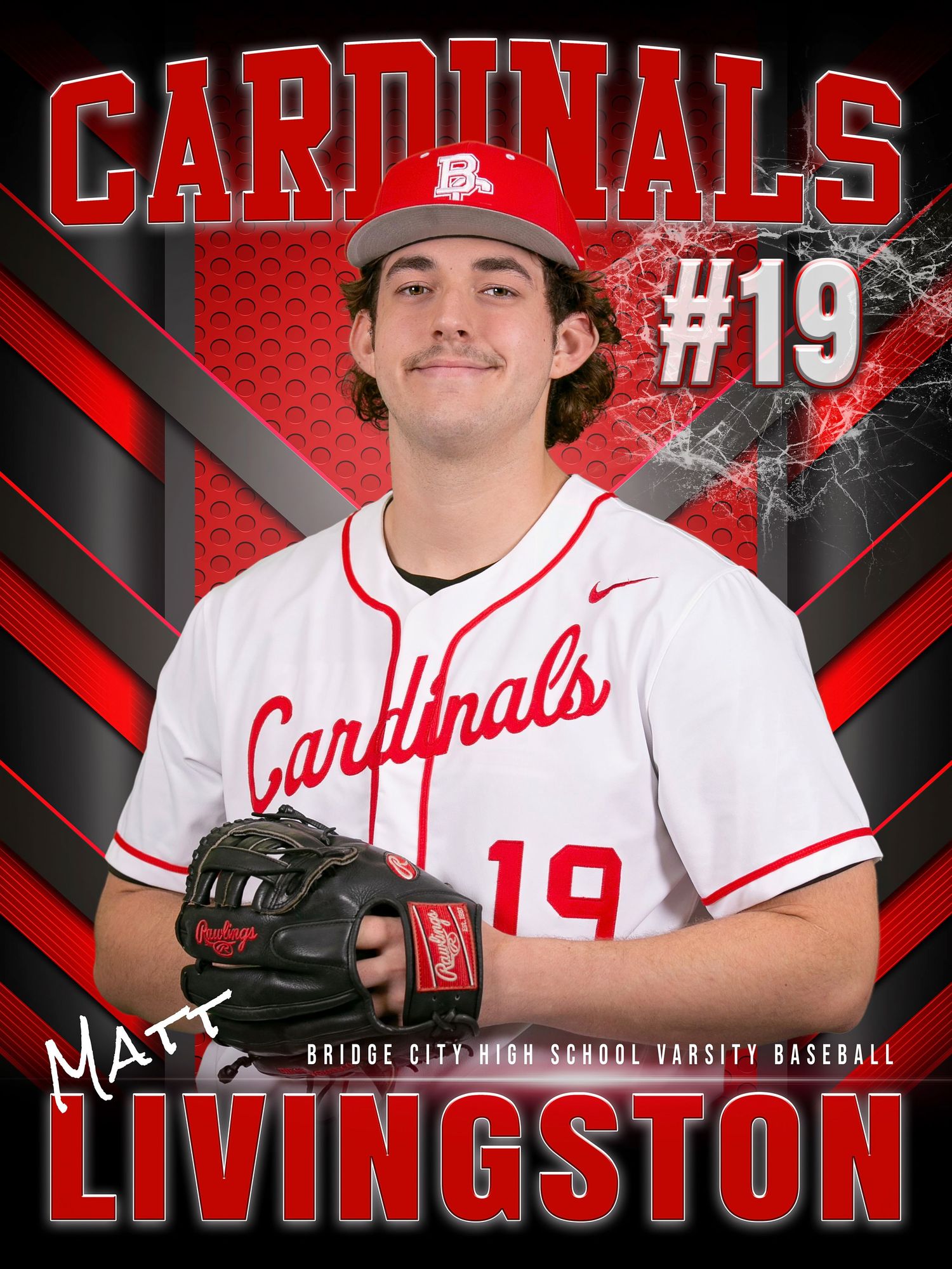 Baseball player sports banner with red Cardinals team branding and uniform number 19.