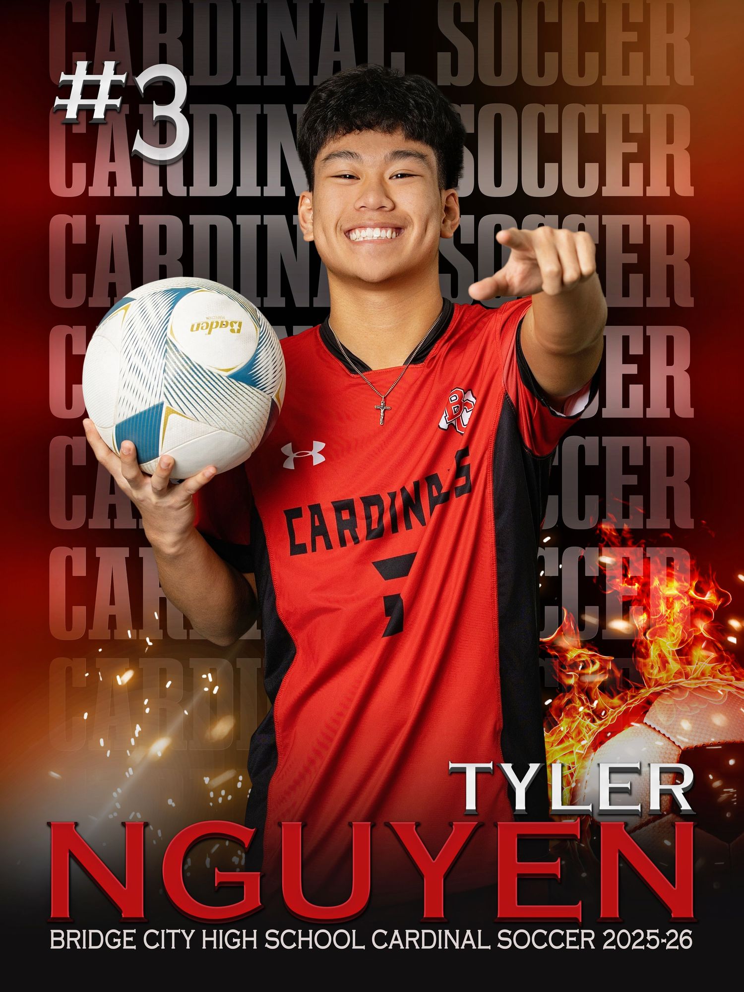 High school soccer player in red Cardinals jersey #3 poses with soccer ball against dark background with dramatic lighting effects.