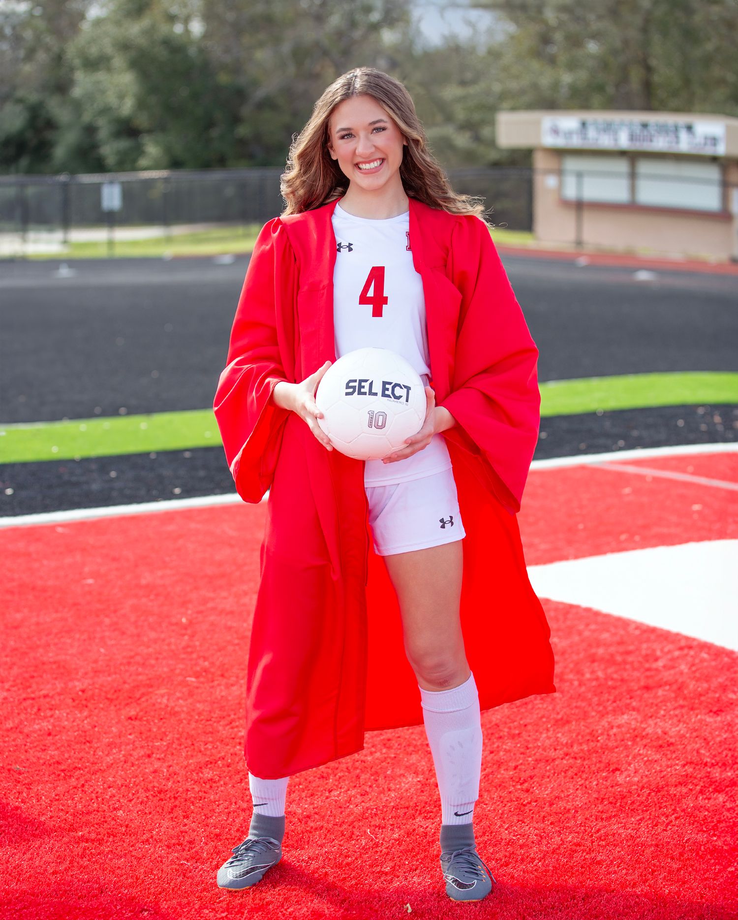 A series of red and white sports field photos showing a person in athletic wear posing on artificial turf.