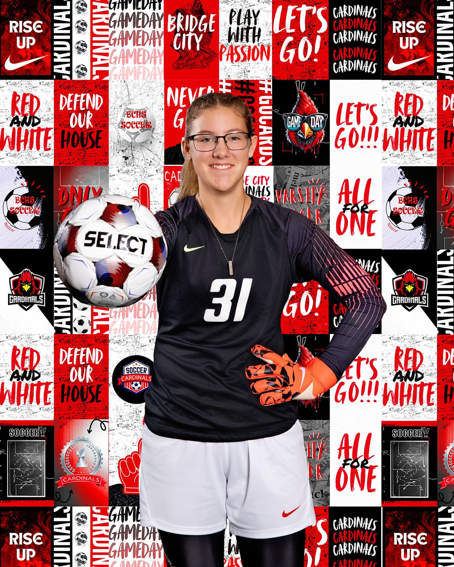 Soccer goalkeeper in black uniform stands against red and white branded backdrop with motivational text.