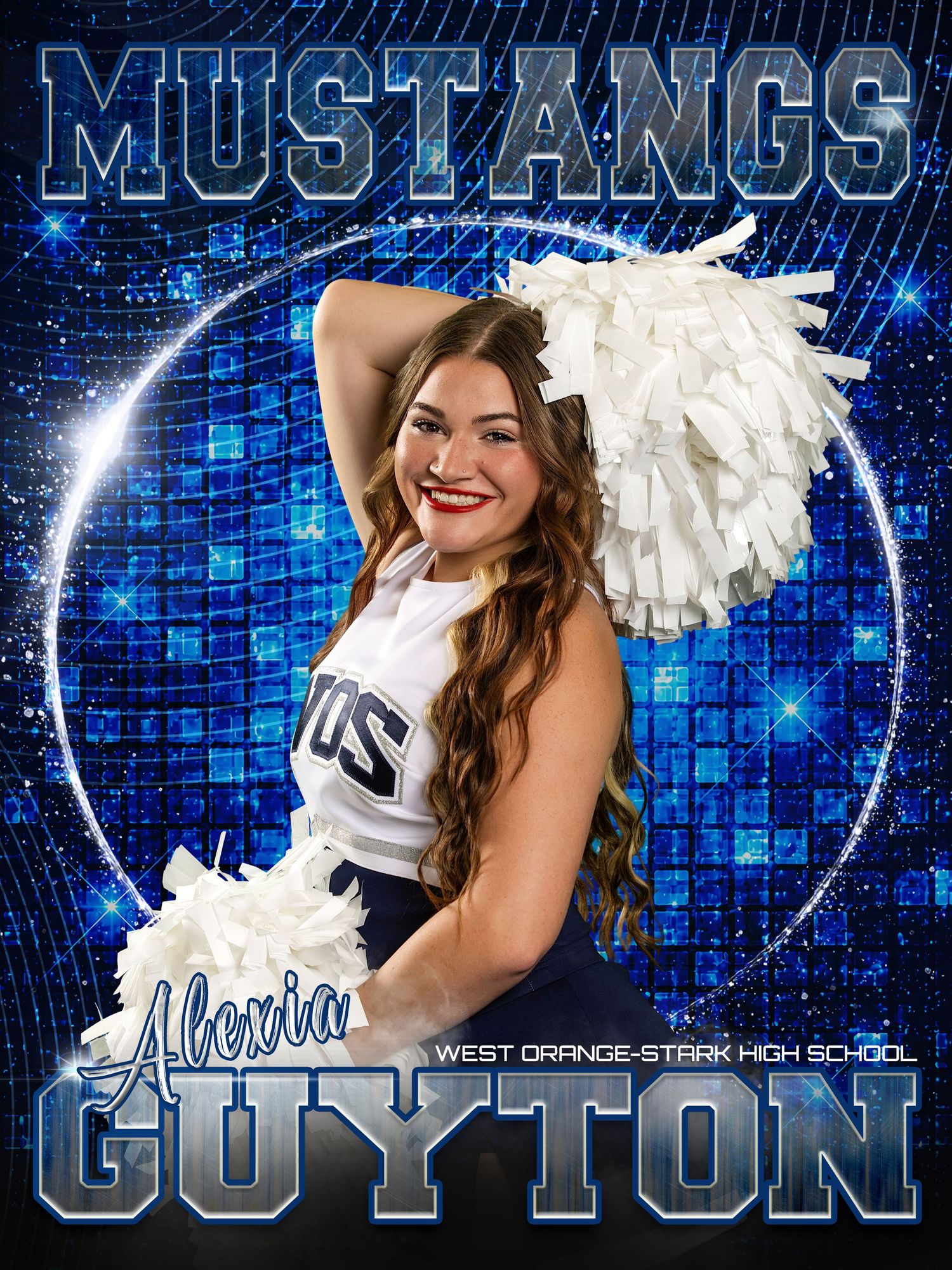 Alexia Guyton West Orange-Stark High School Mustangs cheerleader posing with white pom-poms in uniform on blue sparkle background.