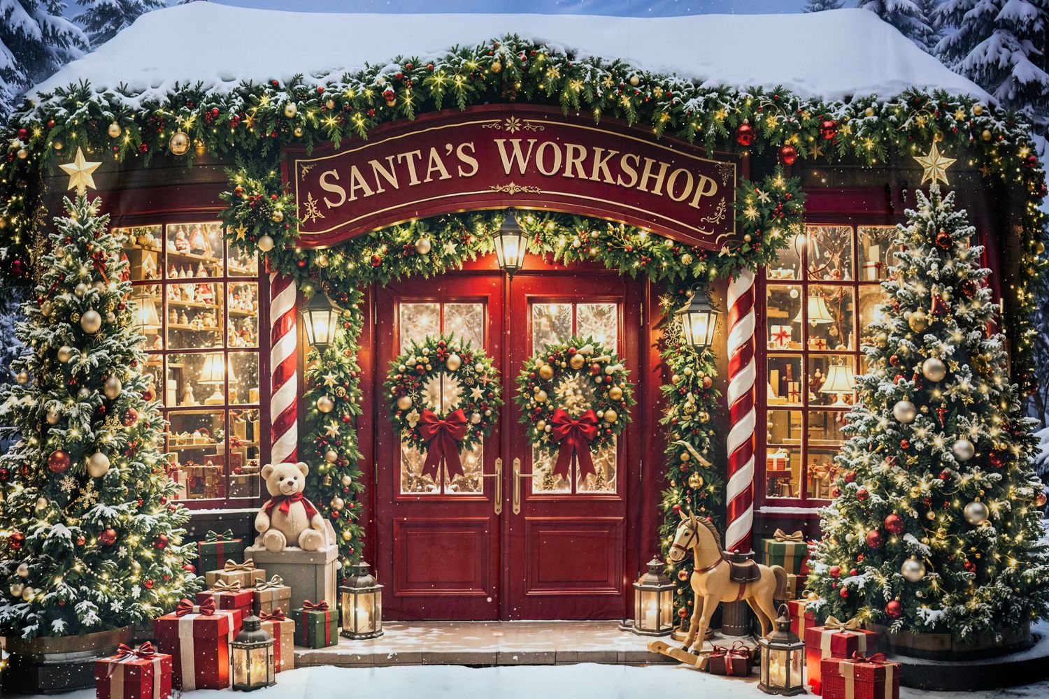 Santa's Workshop storefront adorned with Christmas lights, wreaths, candy cane pillars, decorated trees, and colorful gift boxes in snow.
