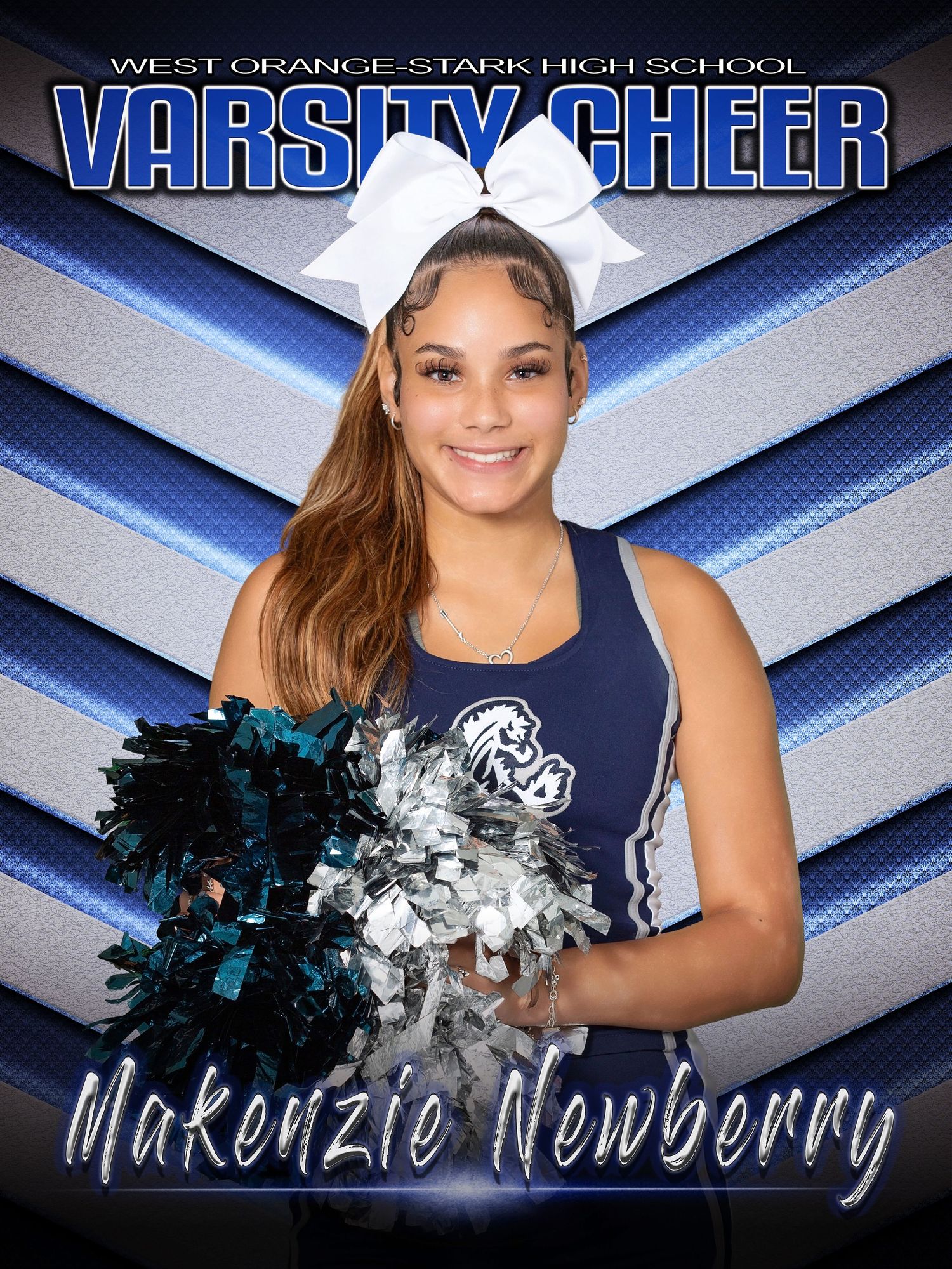 Cheerleader in navy blue uniform with silver and blue pom poms against geometric blue background.