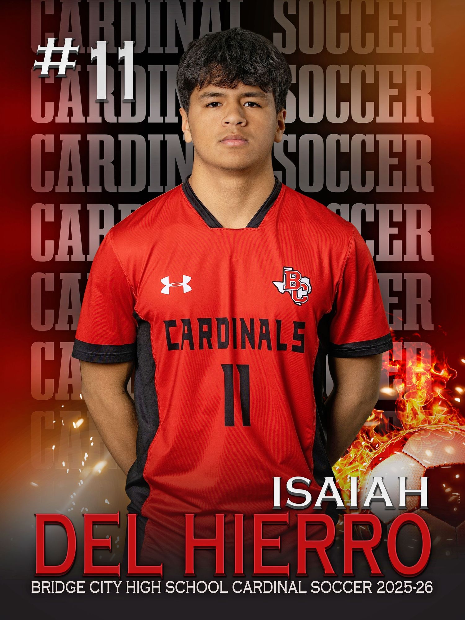 Bridge City High School soccer player in red Cardinals uniform with Under Armour gear against dramatic backdrop.
