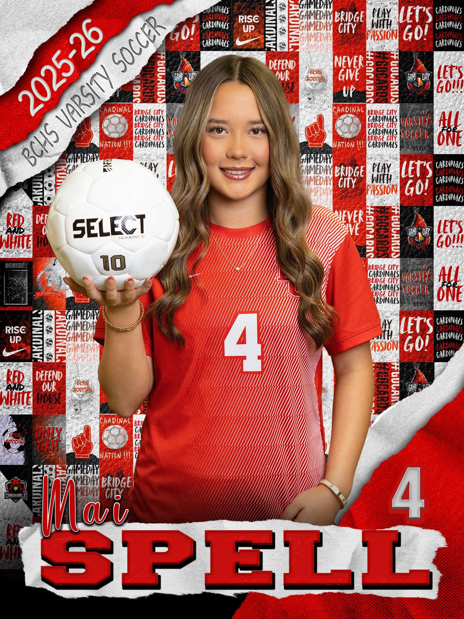 Red and white sports-themed wall display with repeated text patterns and jersey number 4 motif.
