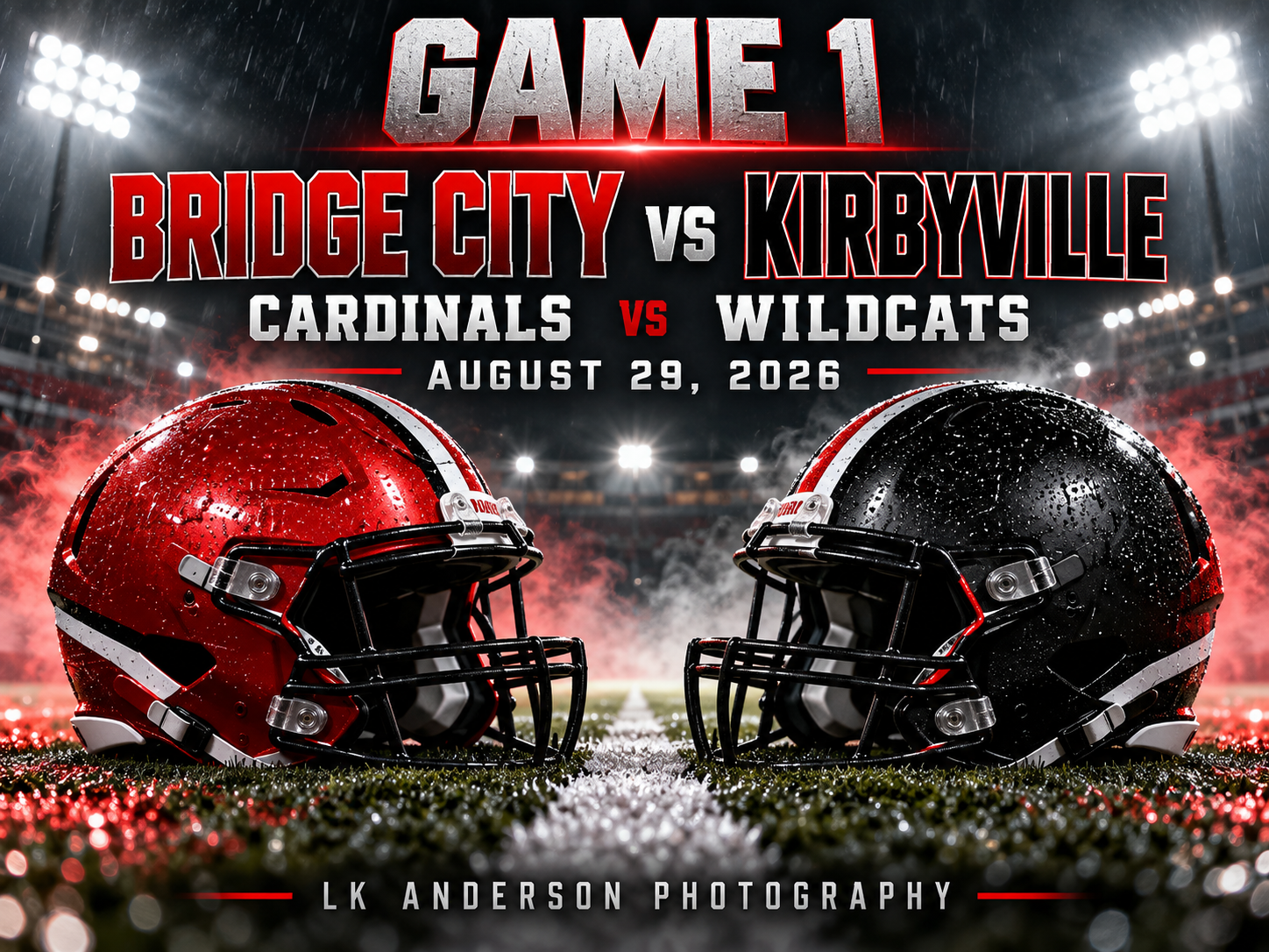 Game 1 football matchup graphic featuring Bridge City Cardinals vs Kirbyville Wildcats on August 29, 2026.