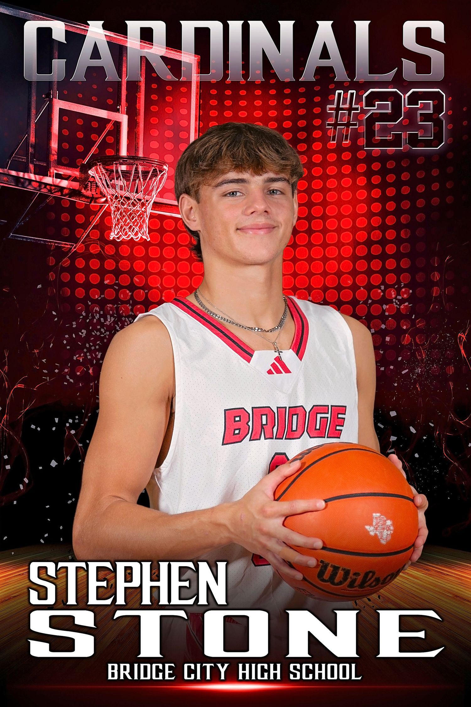 Basketball player sports banner for Bridge City Cardinals with red design elements and number 23.