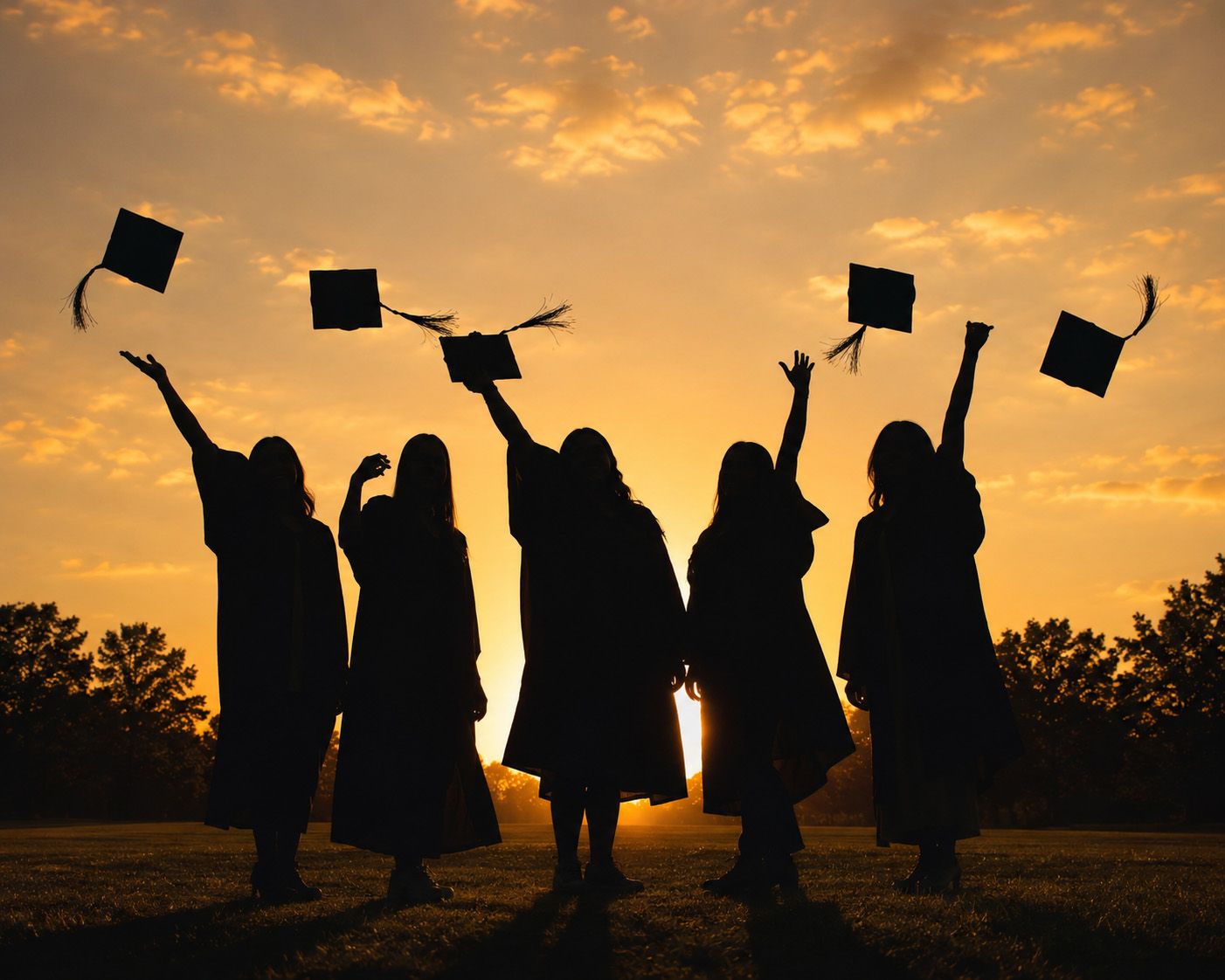 Silhouettes of graduates tossing caps against a golden sunset sky, celebrating their academic achievement outdoors.