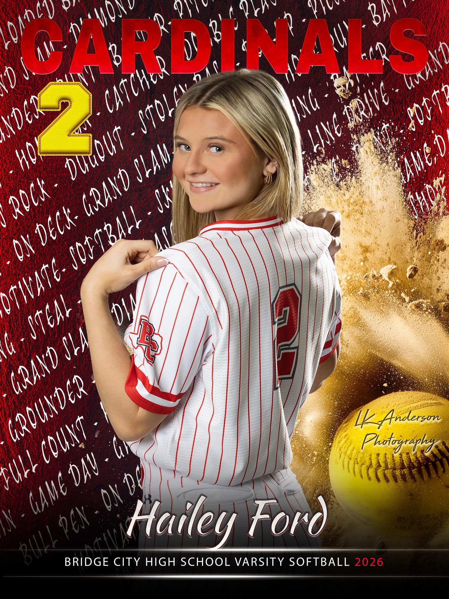 High school softball player in white pinstriped uniform poses against red background with yellow softball graphics.