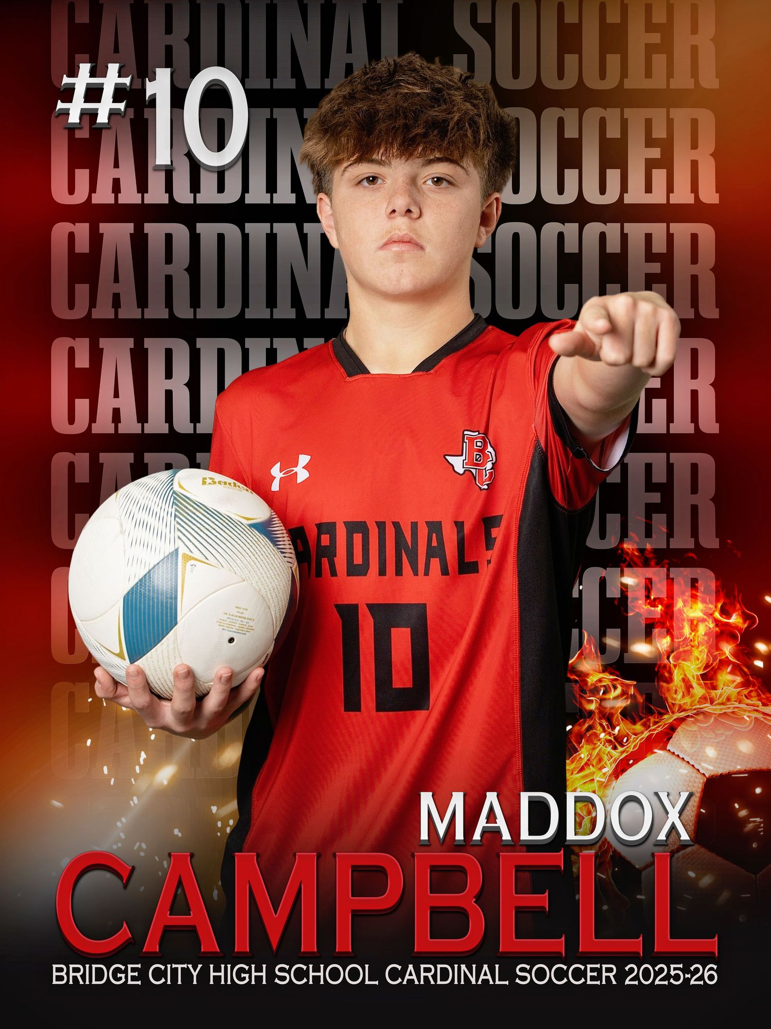 Soccer player poses with ball in red Cardinal uniform against dramatic dark background with lighting effects.