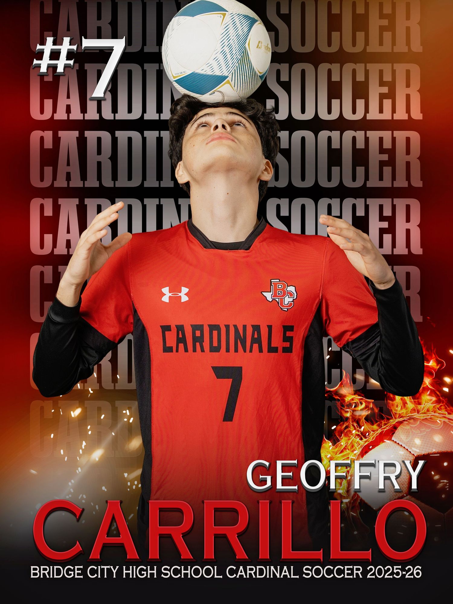 Soccer player in red Cardinals jersey number 7 poses with soccer ball against dark background with flame effects.