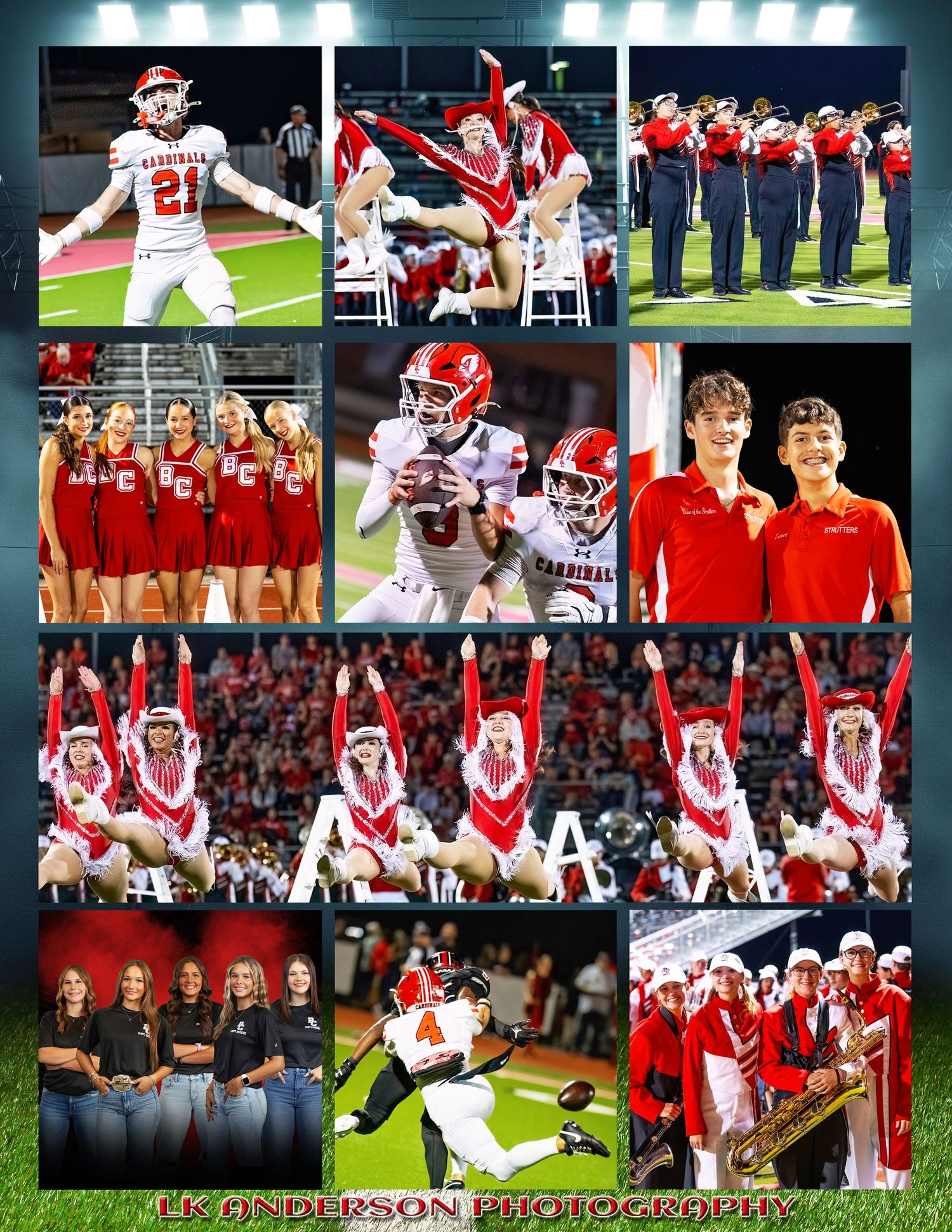 High school football collage featuring players, cheerleaders, marching band, and fans in red and white team colors.