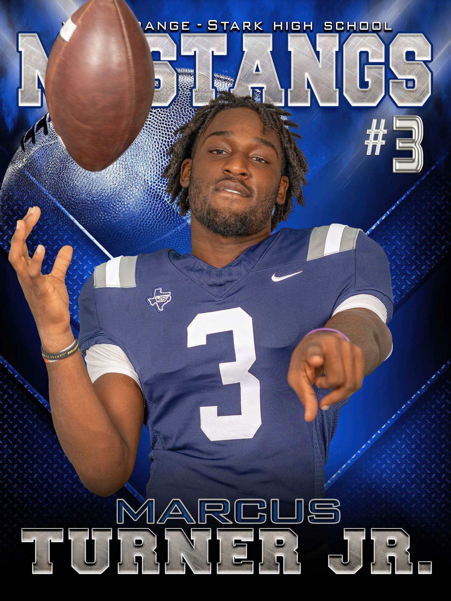 Athletic banner showing Mustangs football player in navy uniform holding football with dramatic lighting.