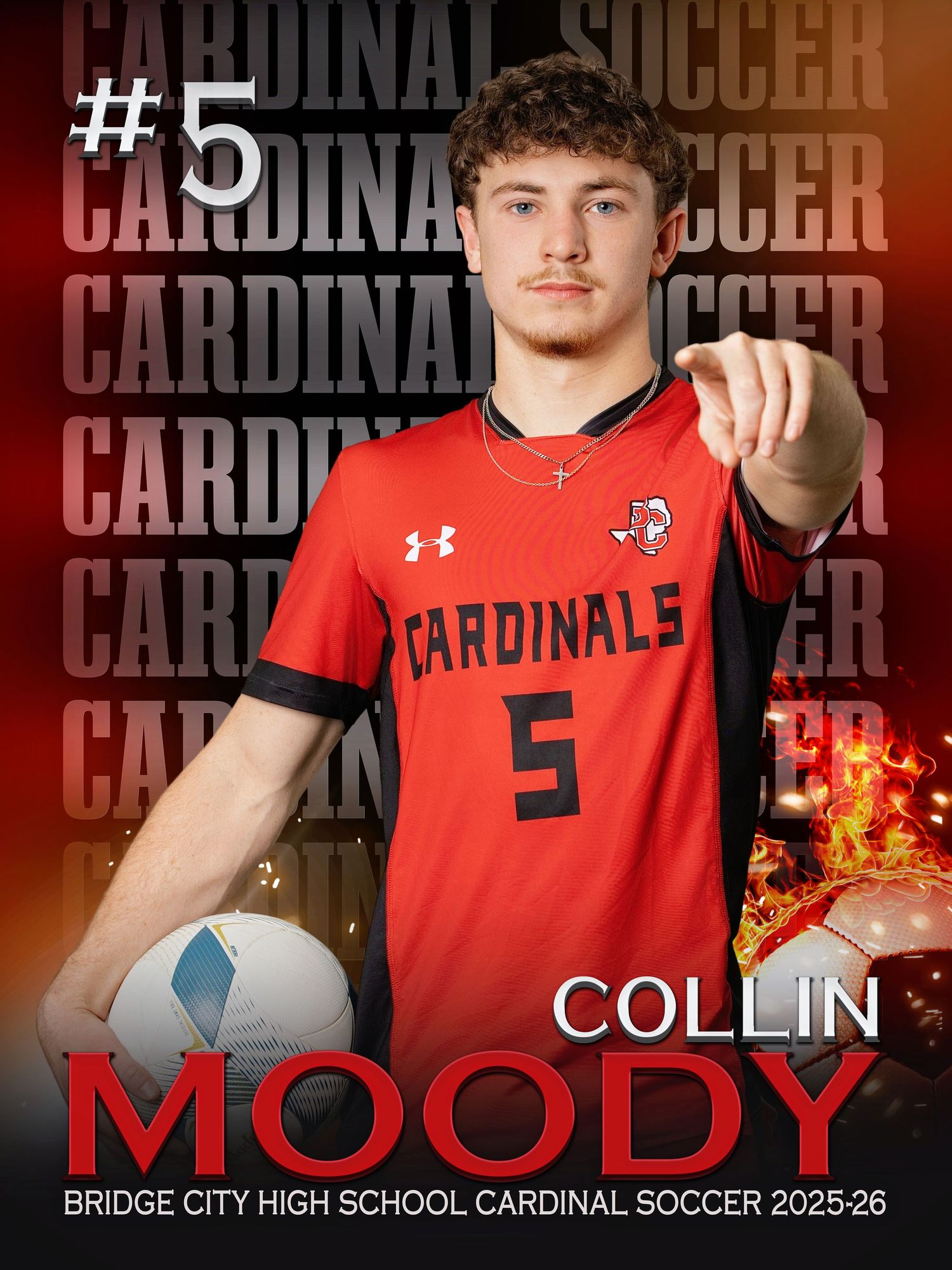 Bridge City High School soccer player wearing red Cardinals jersey number 5 poses with soccer ball against fiery backdrop.