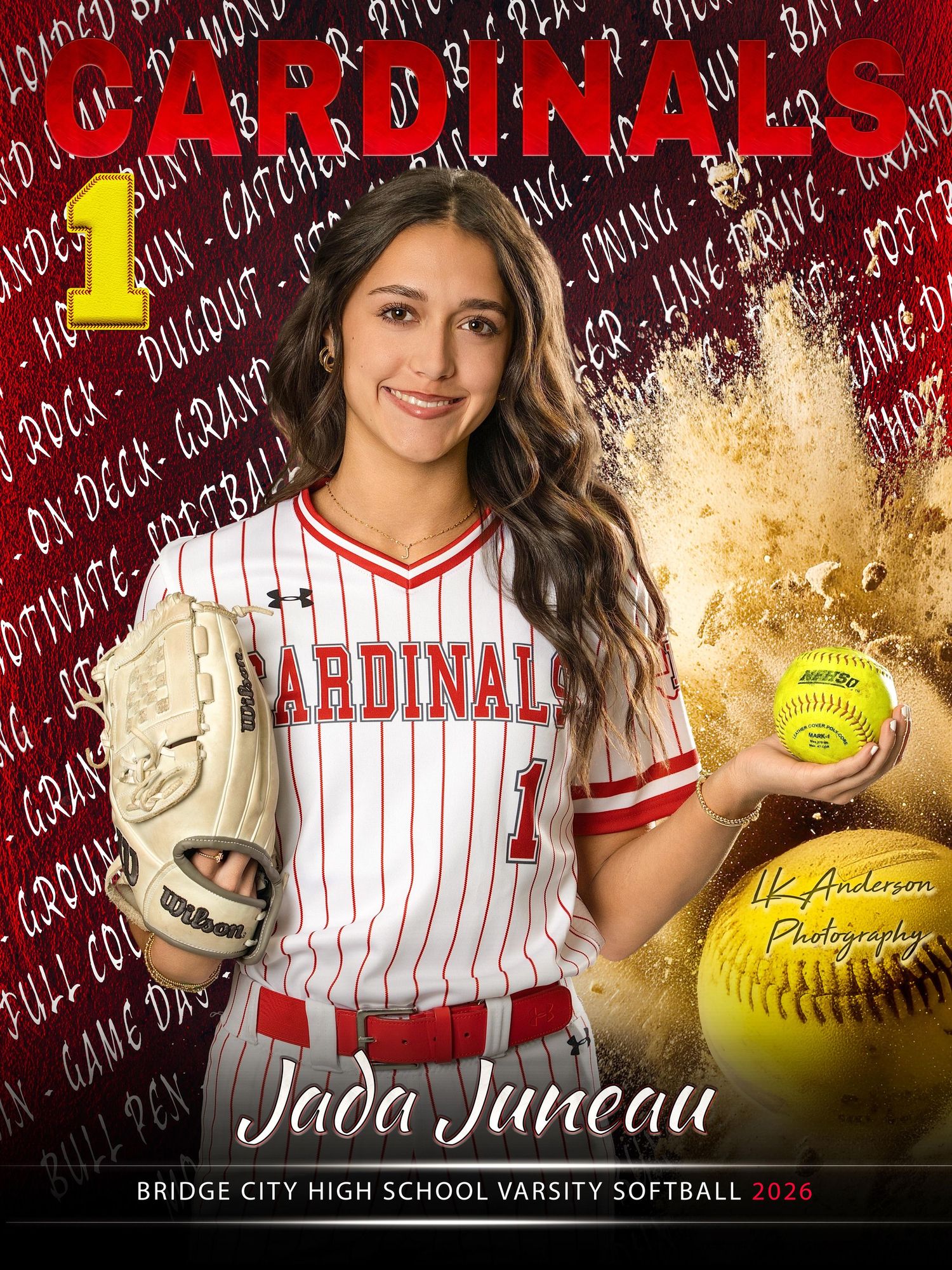 High school softball player in red and white pinstriped uniform with yellow softballs against a red background.
