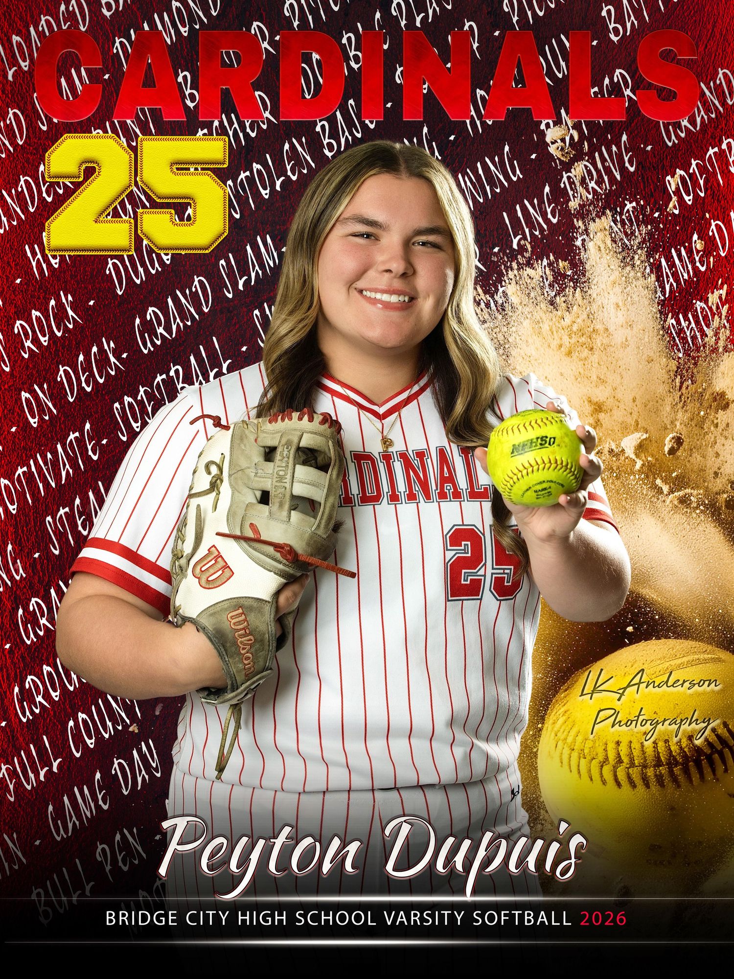 Softball sports banner design featuring red and white pinstripe uniform with yellow softball against textured background.