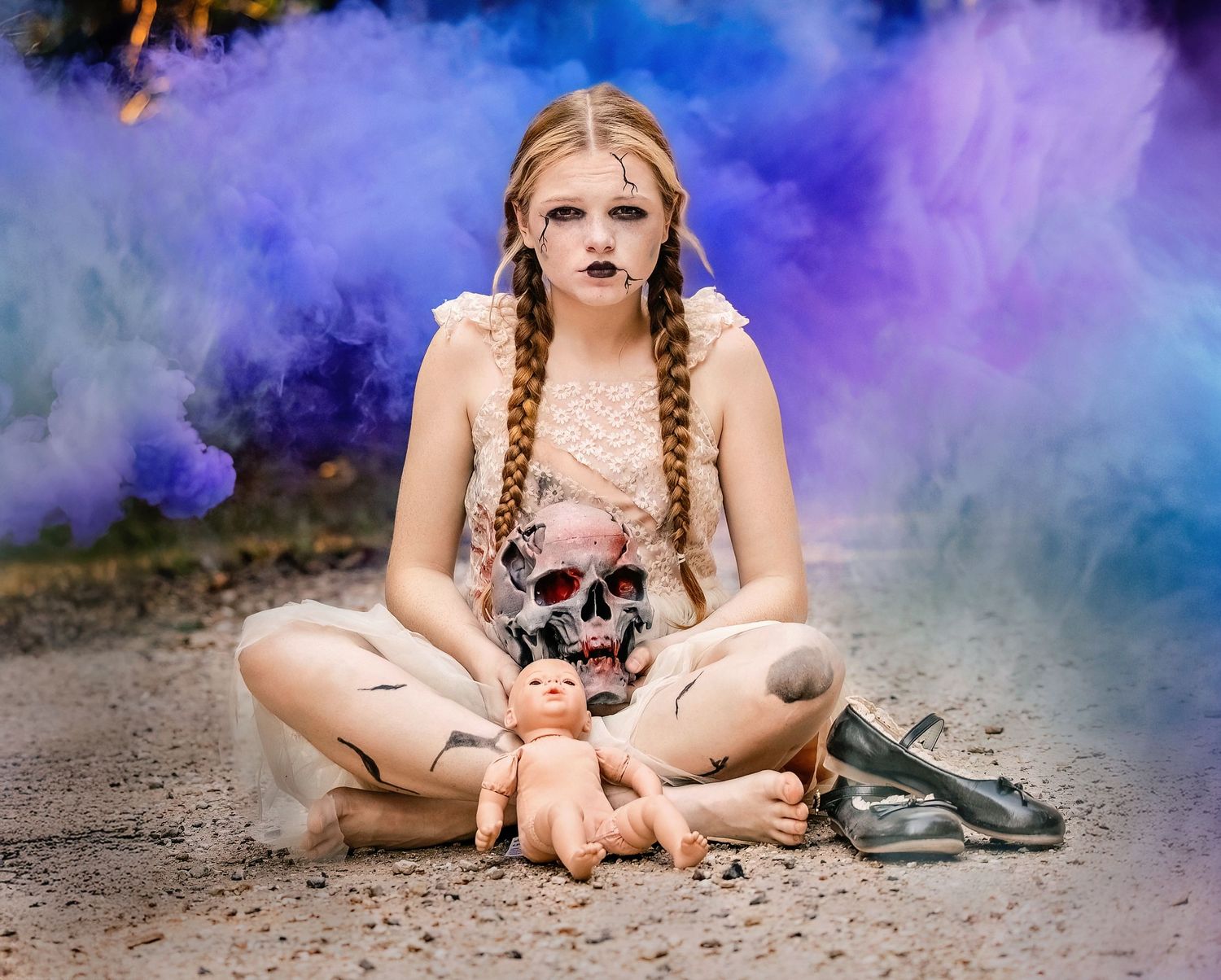 Artistic photo series featuring purple and blue smoke effects on ground level.