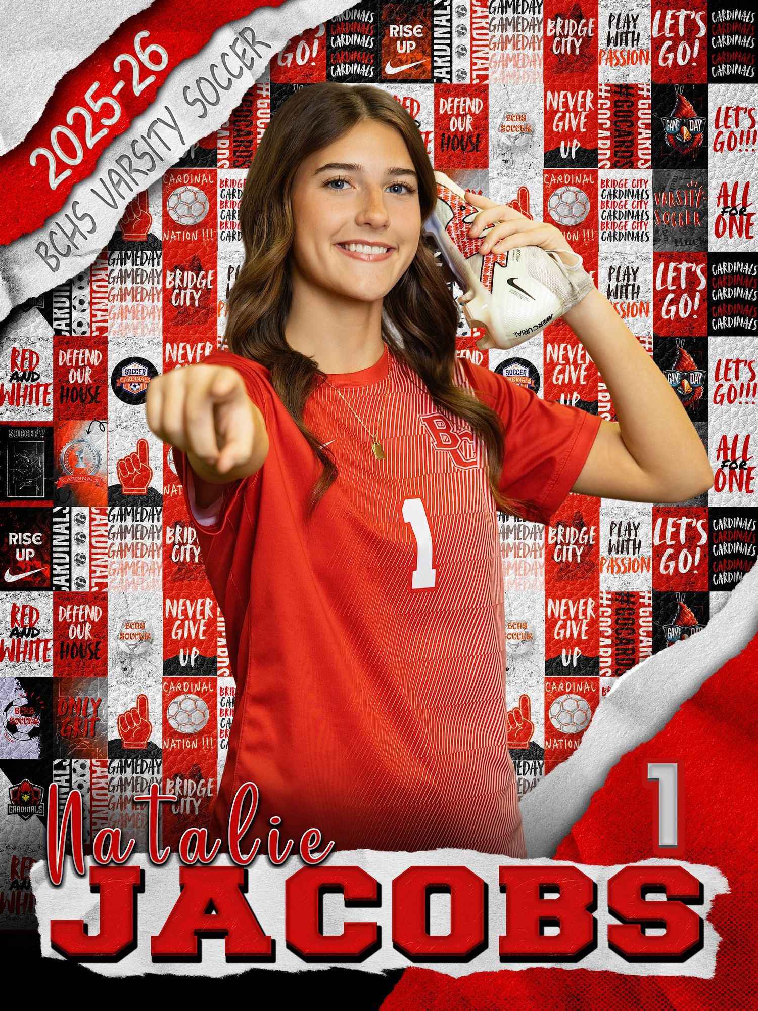 Sports collage with red jerseys and white volleyball against team branding backdrop.
