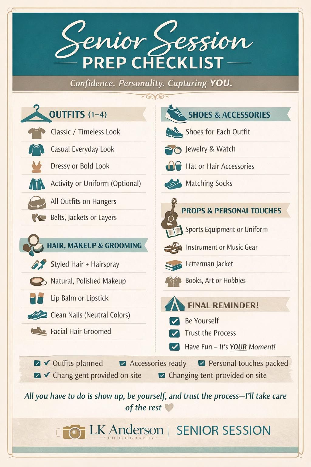 A teal and beige checklist infographic showing outfit and styling tips for senior photo sessions.