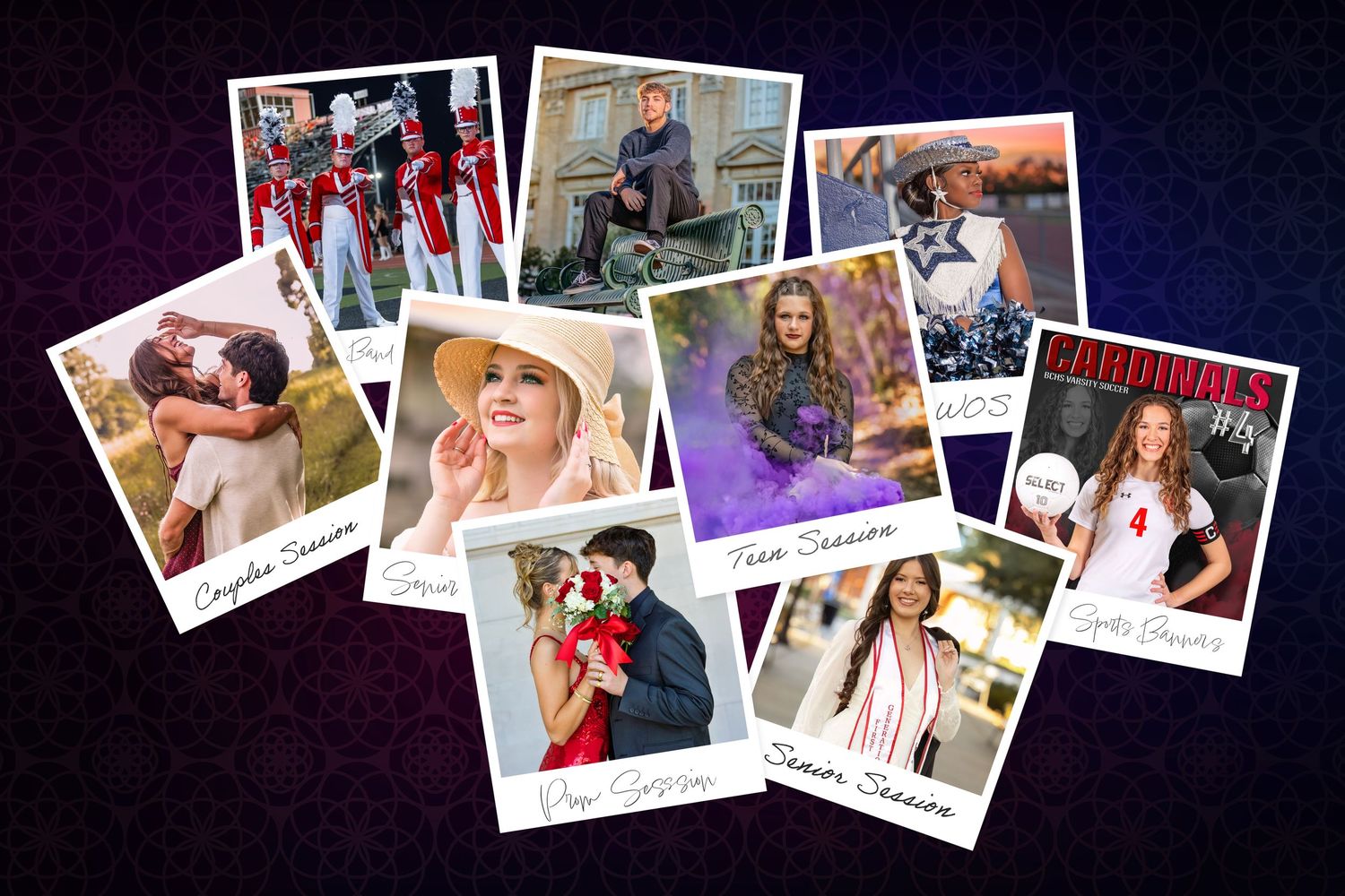 A collage of polaroid-style photos scattered across a dark blue background shows candid moments and celebrations.