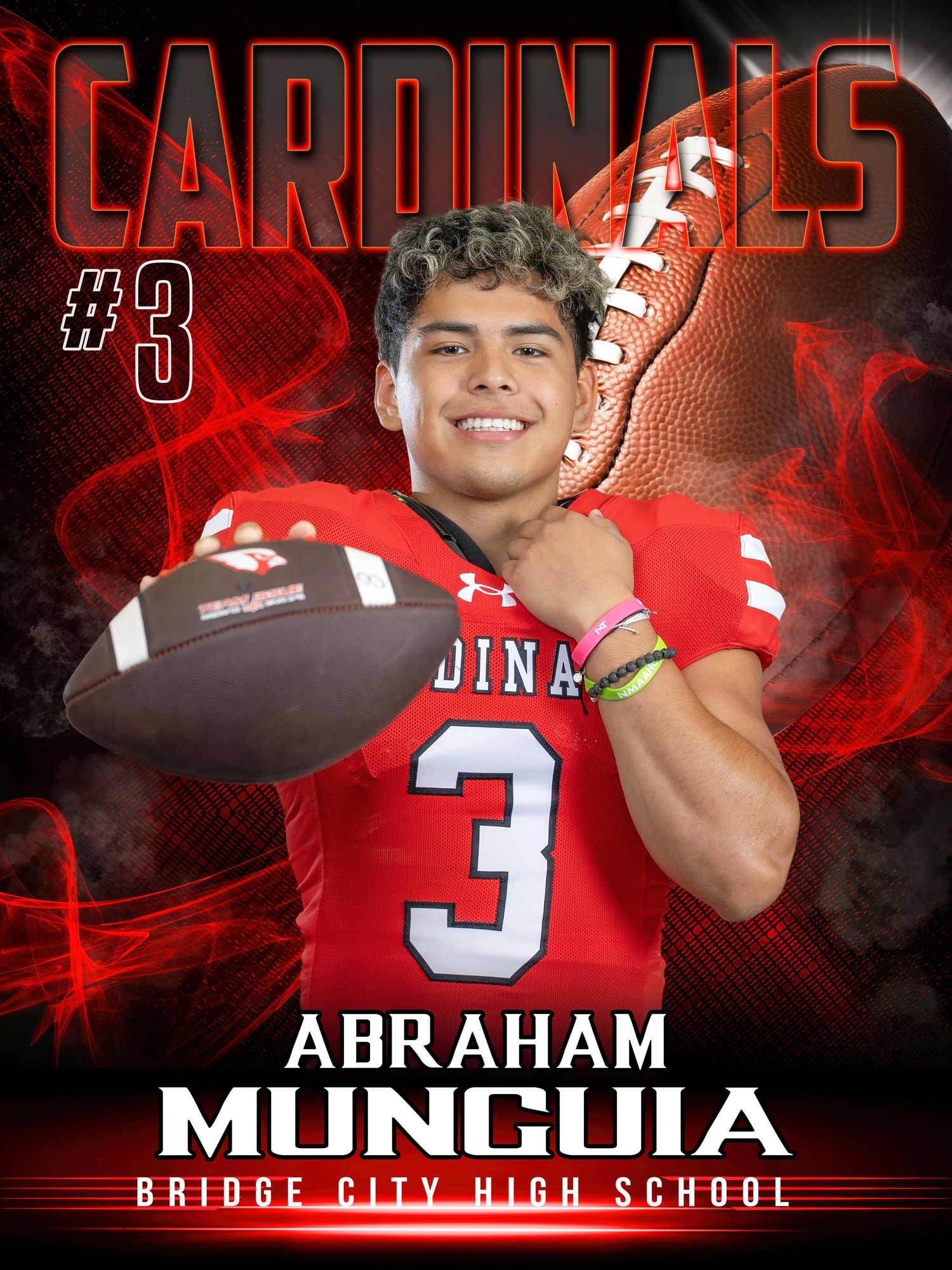 Sports Banner Red and black sports photo composite featuring a Bridge City High School Cardinals football player in uniform number 3.