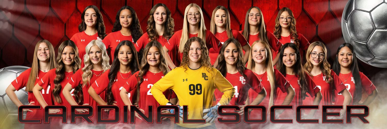 A banner image showing a women's soccer team in red uniforms with a soccer ball and text overlay.