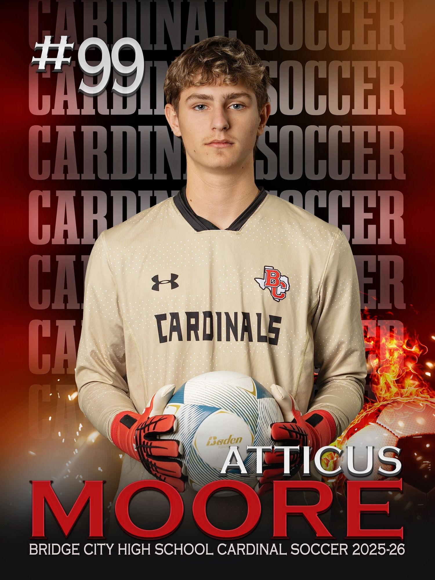 Soccer player in cream colored Cardinals uniform number 99 poses with soccer ball against dramatic background.