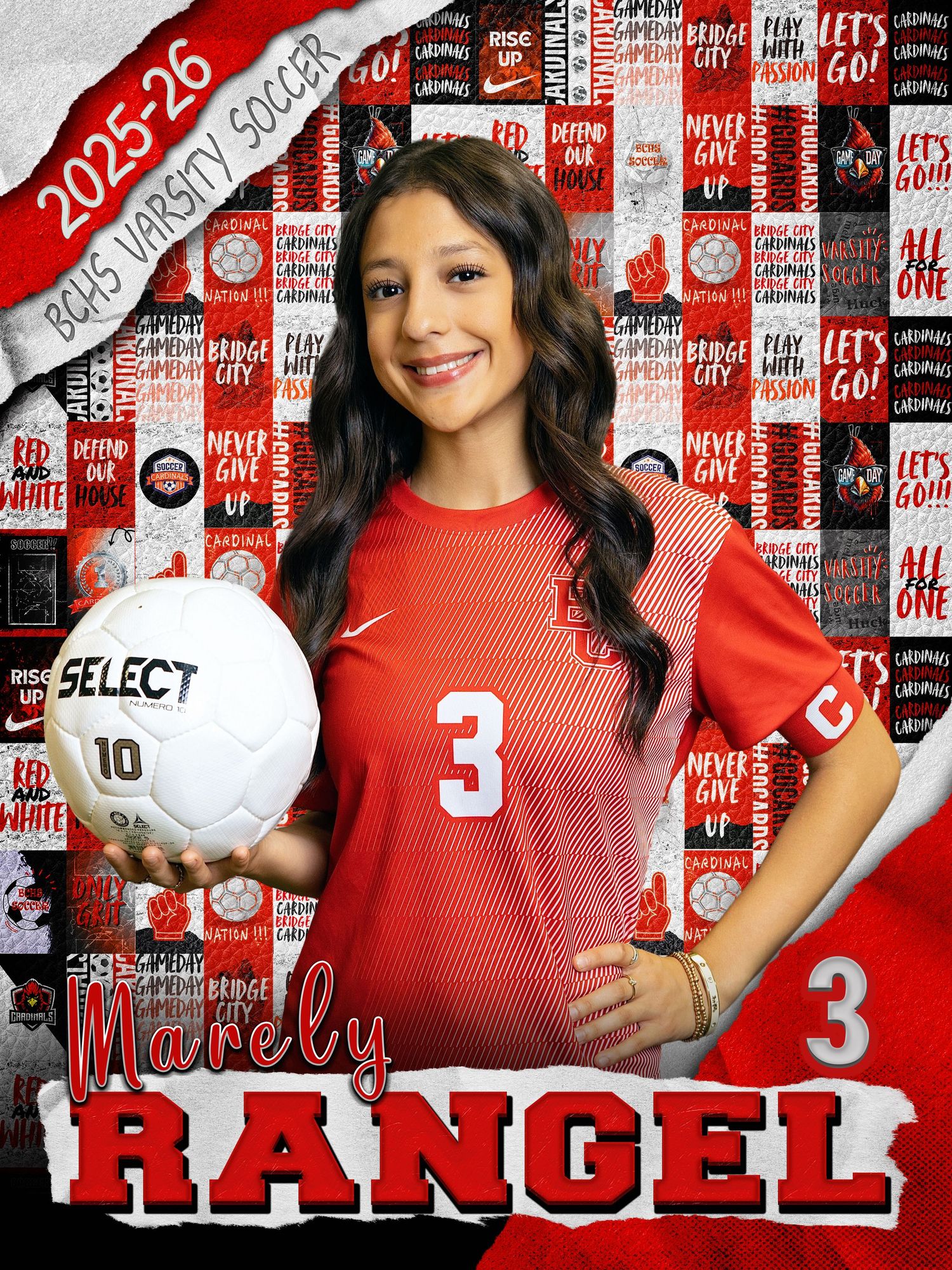 Volleyball player poses in red uniform against backdrop with white and red text graphics.