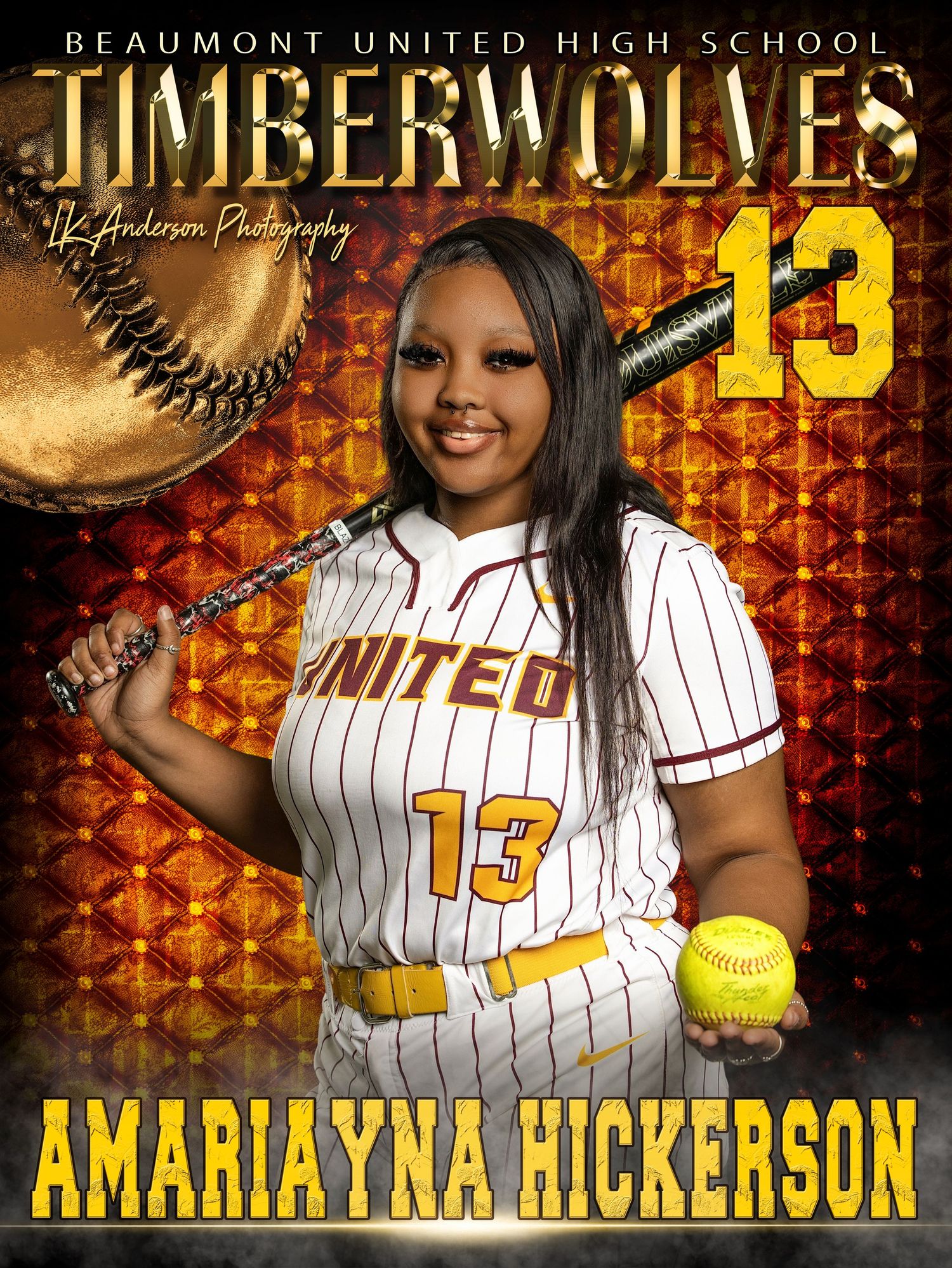 High school softball player in white pinstriped uniform poses with bat and ball against orange geometric background.