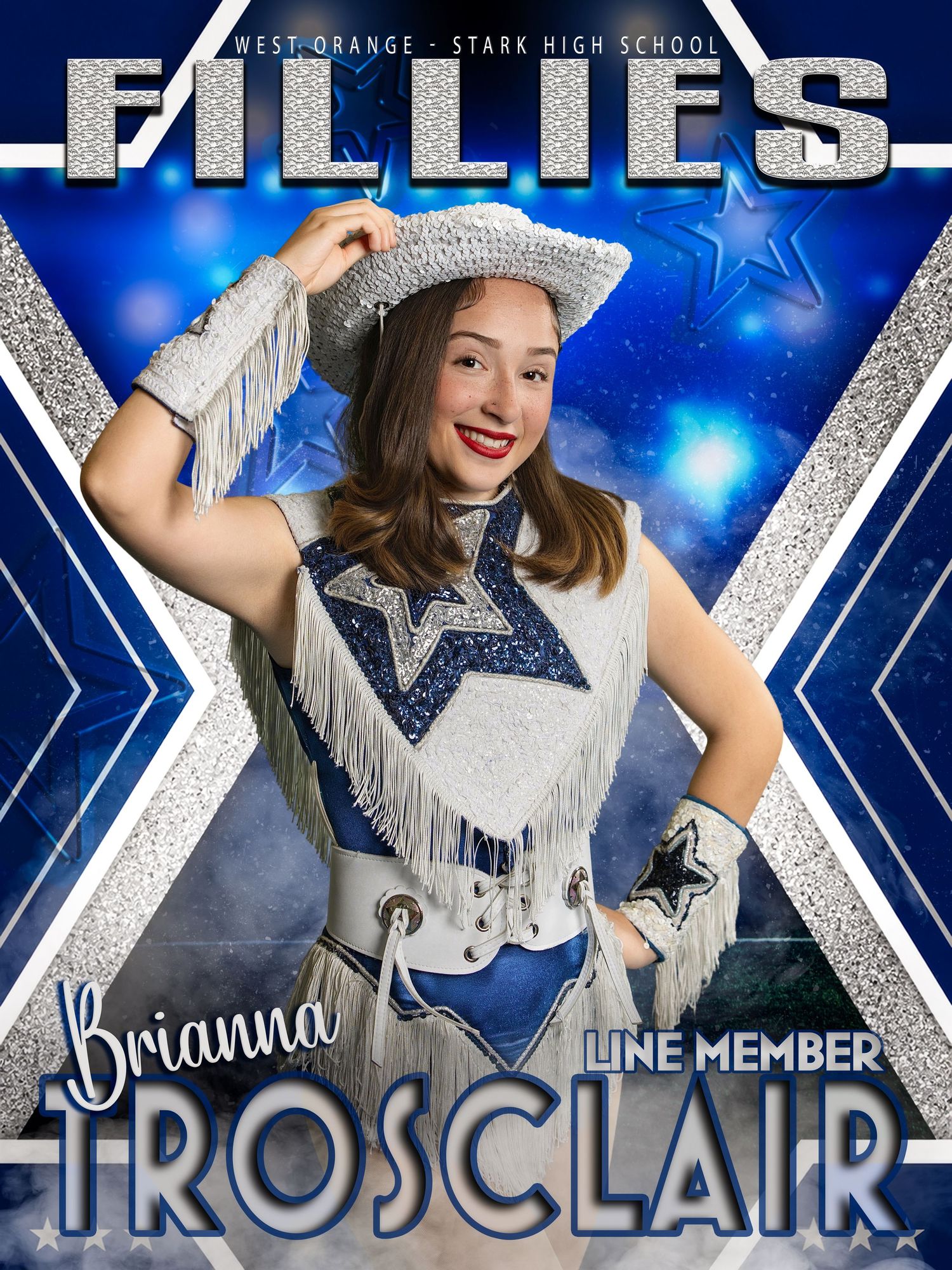 Brianna Trosclair, Line Member of West Orange-Stark High School Fillies drill team, poses in blue and white uniform.
