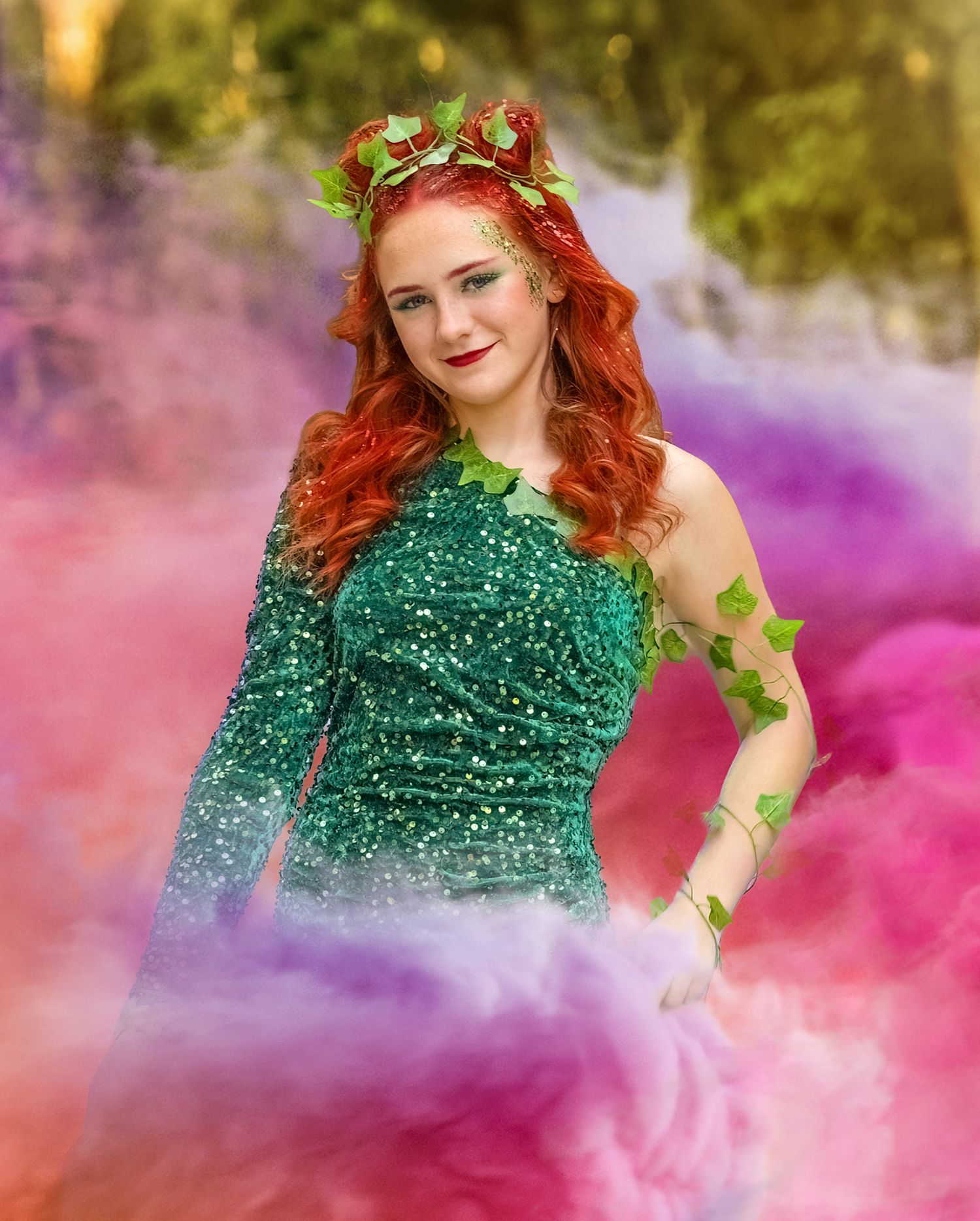 A forest scene with emerald green glitter dress and floral crown against a dreamy pink and purple background. Model Team Smoke Session.