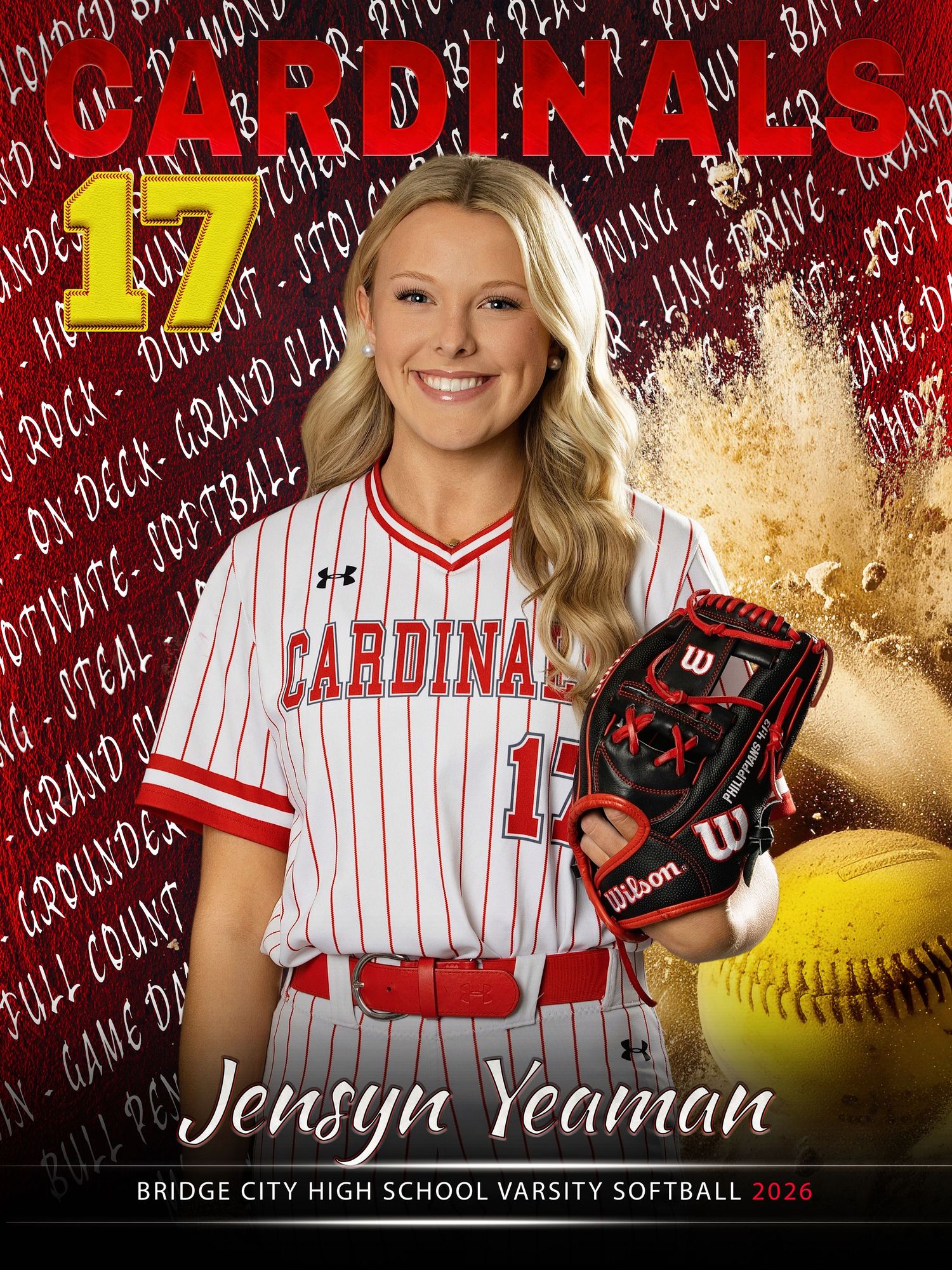 High school softball player in Cardinals pinstripe uniform #17 poses with glove against red background with yellow effects.