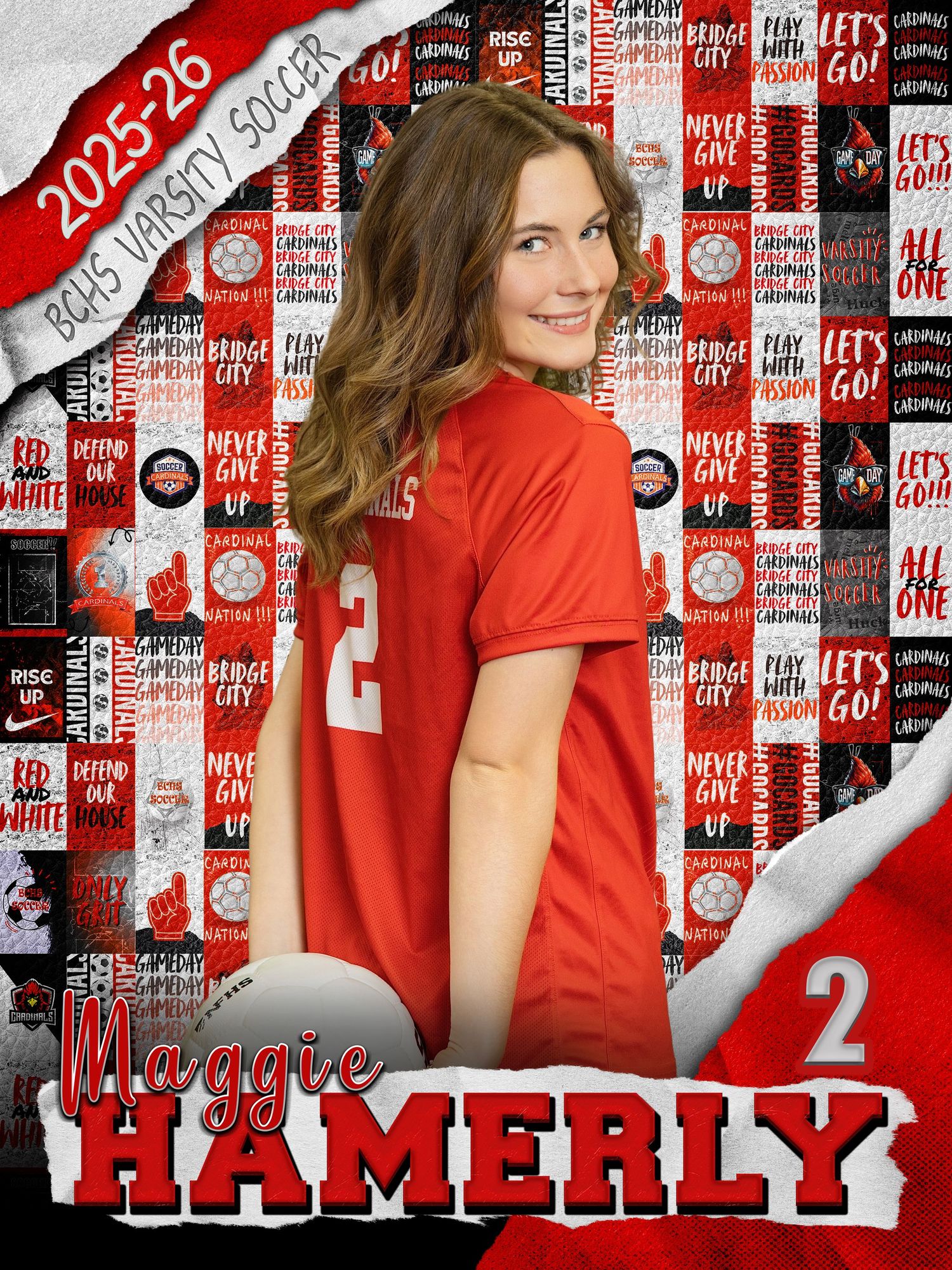 Person in red t-shirt posing against promotional backdrop with repeating red and white text pattern.