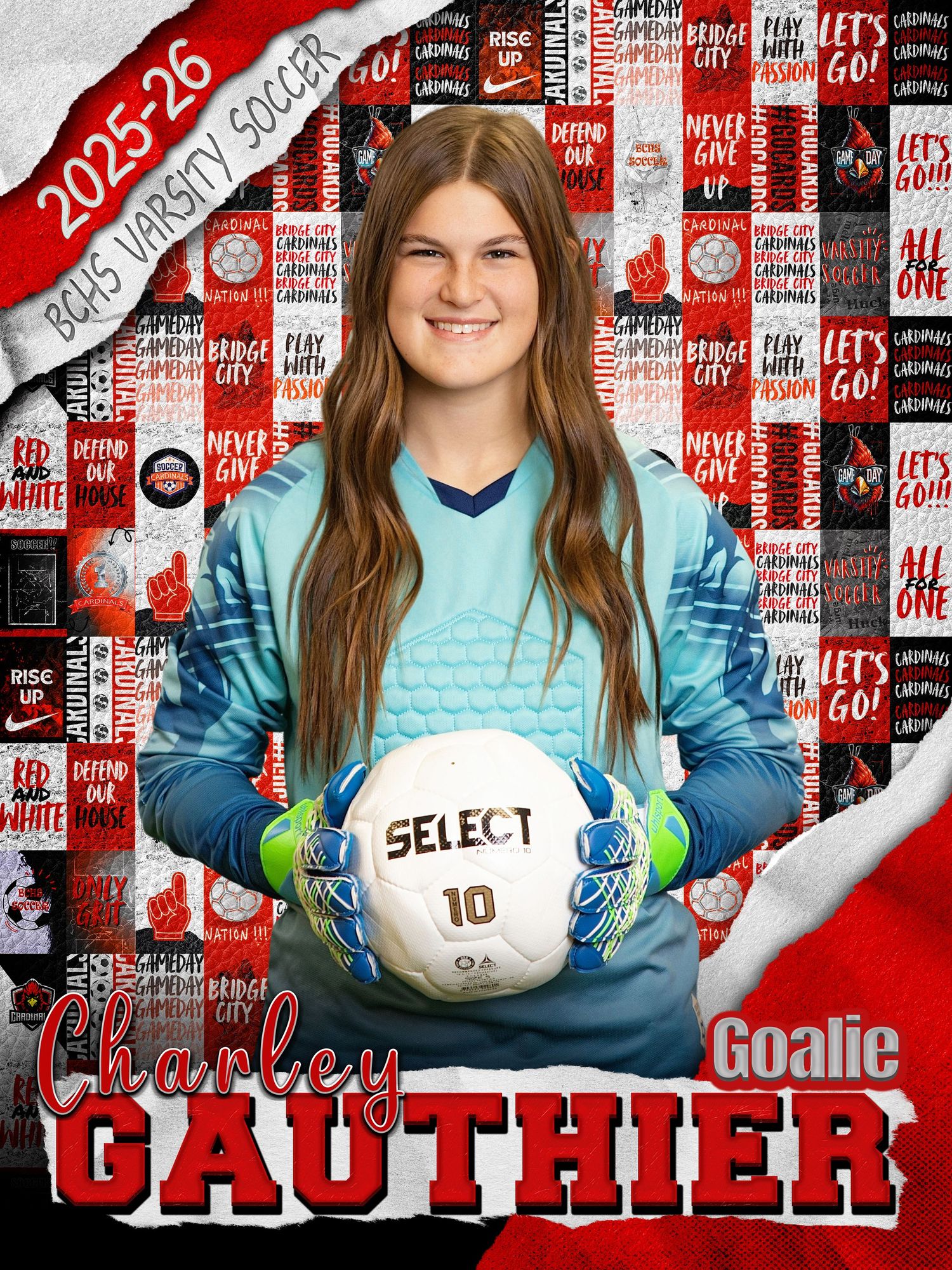 High school soccer goalkeeper in teal uniform holds a Select brand soccer ball against red and white patterned background.
