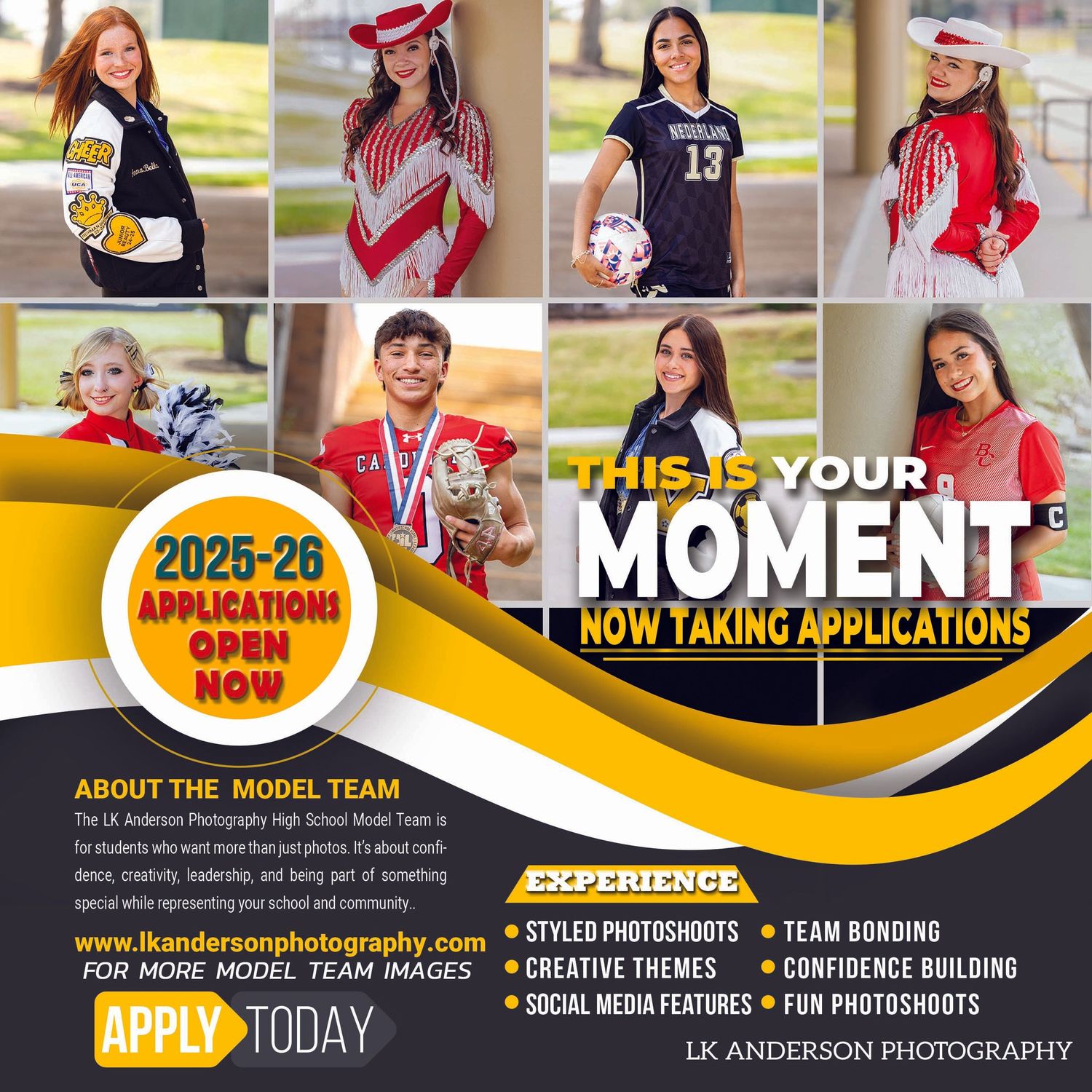 Sports photography collage banner with yellow and black design elements advertising model team applications.