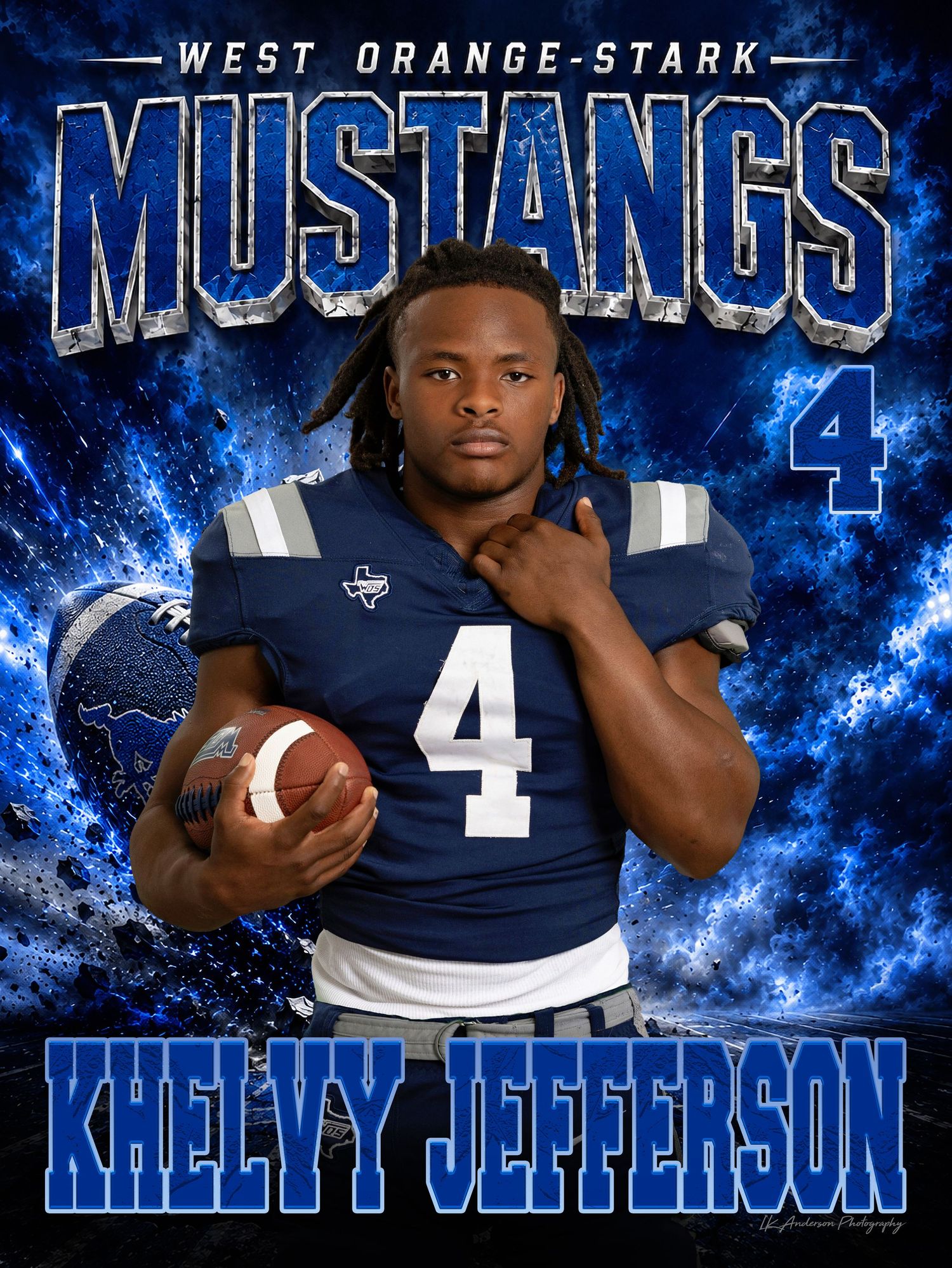West Orange-Stark Mustangs football player Khelvy Jefferson wearing number 4 blue uniform holding a football.