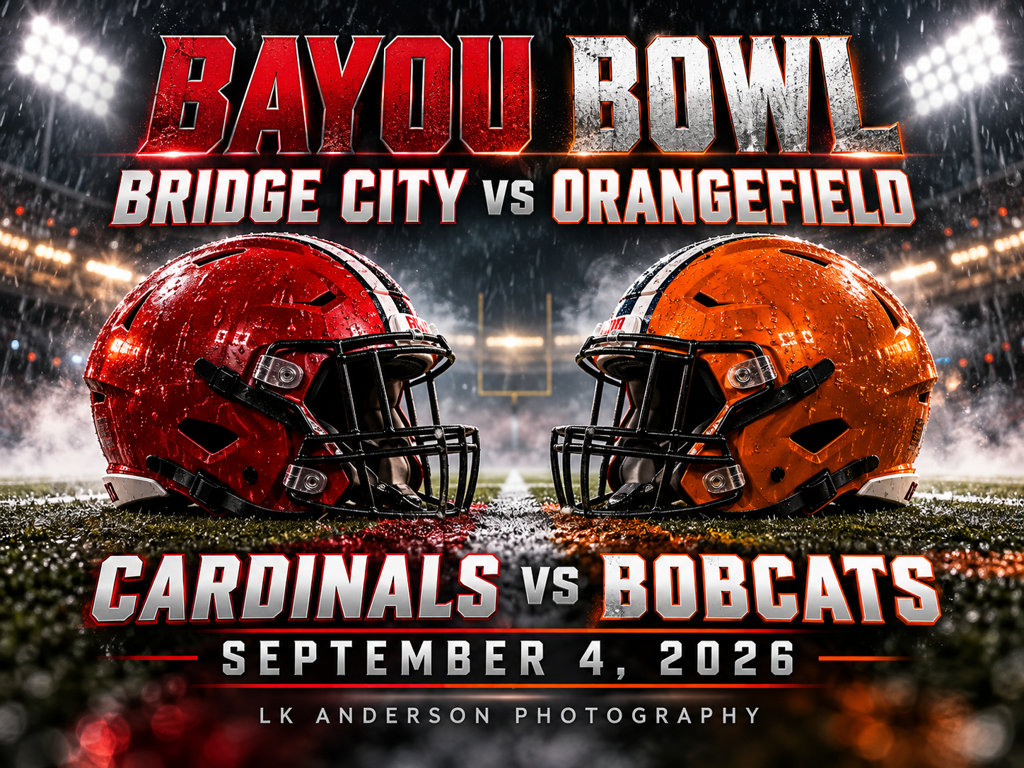 Bayou Bowl football game poster featuring Bridge City Cardinals vs Orangefield Bobcats on September 4, 2026.