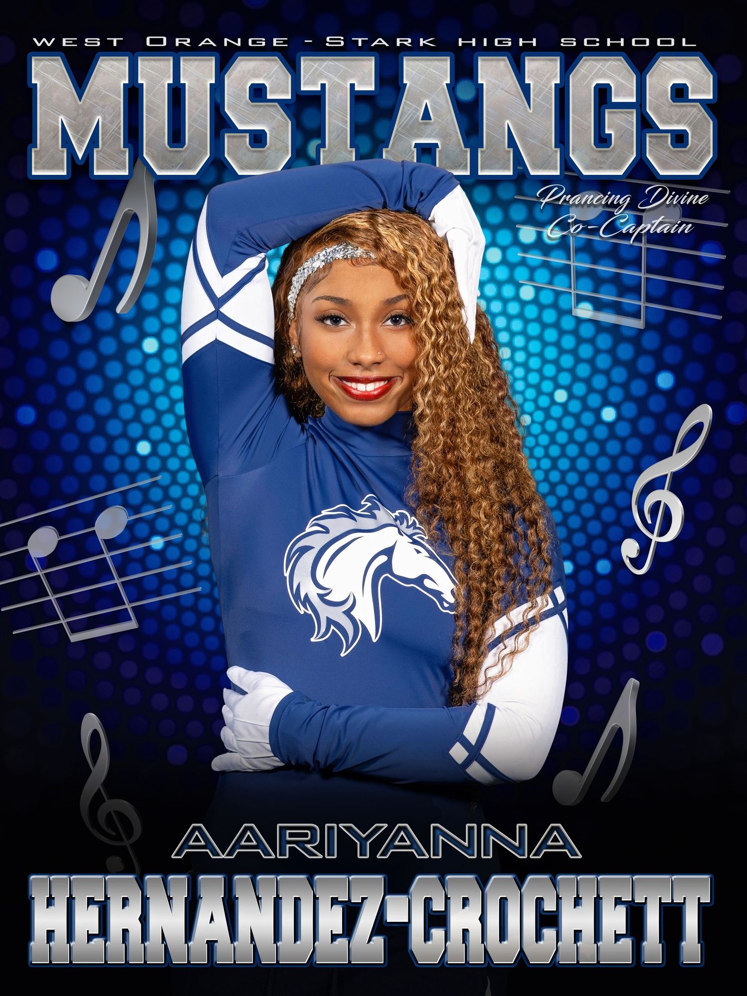 High school sports composite featuring blue Mustangs team colors and musical note overlays.