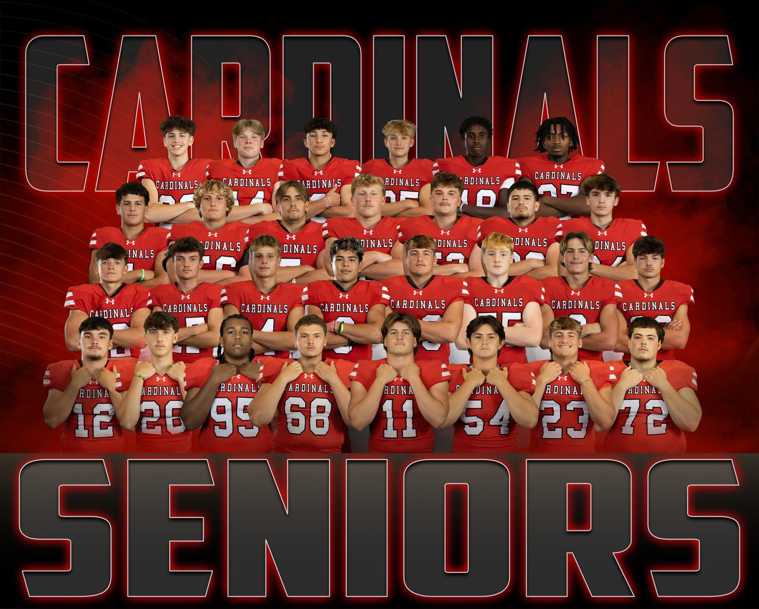 Team photo of Cardinals senior football players in red uniforms against a dark red background with text overlay.