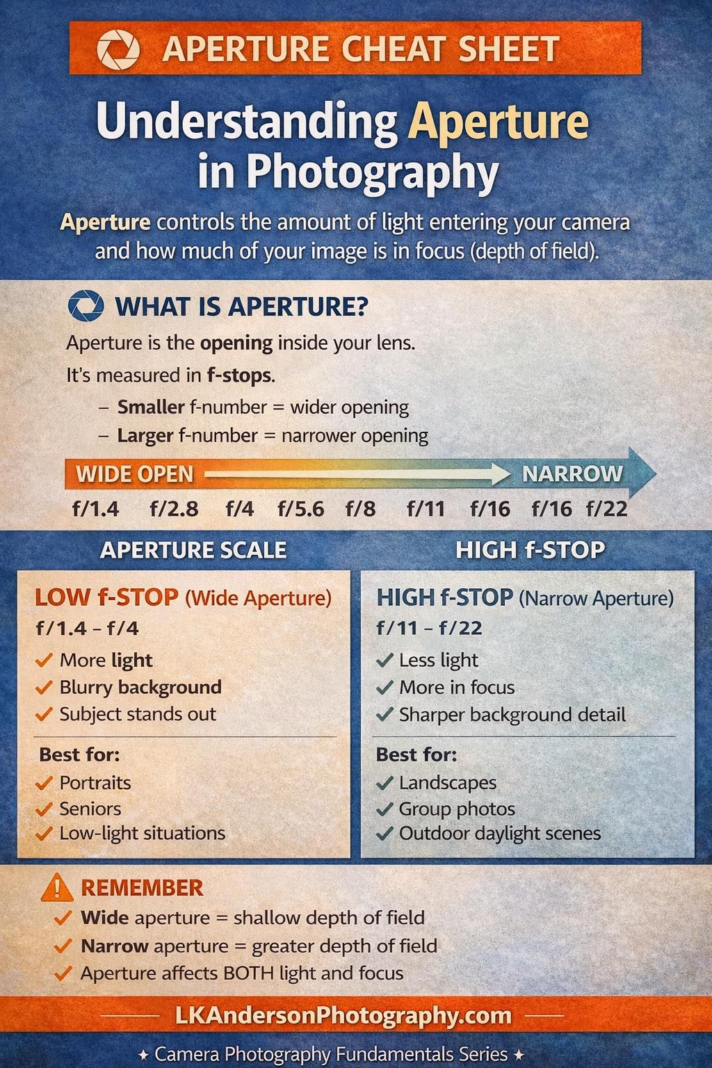 A photography cheat sheet showing aperture settings with f-stop values and their effects on depth of field and focus.