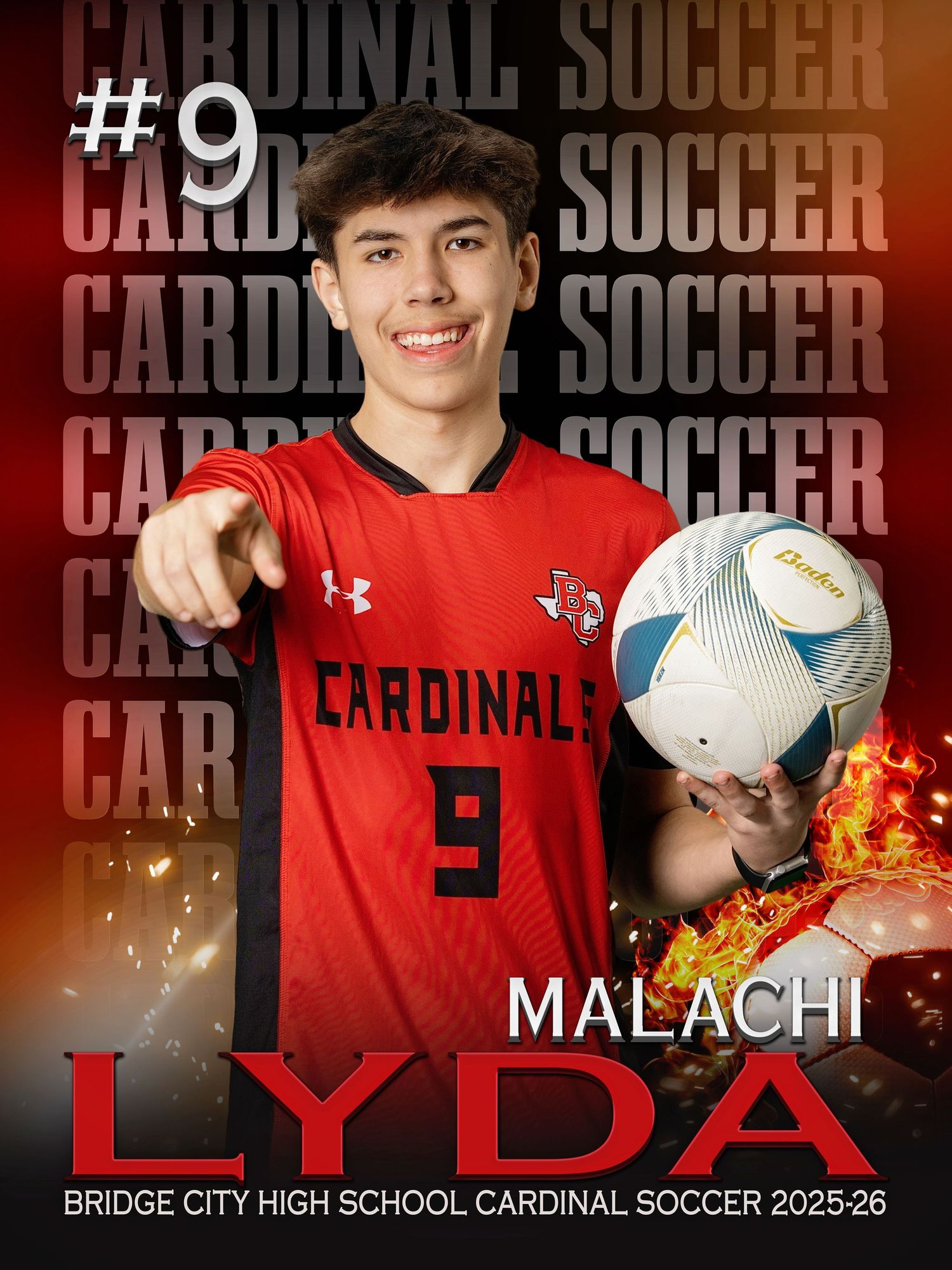 Soccer athlete wearing red Cardinals jersey number 9 poses with ball against dramatic dark background.